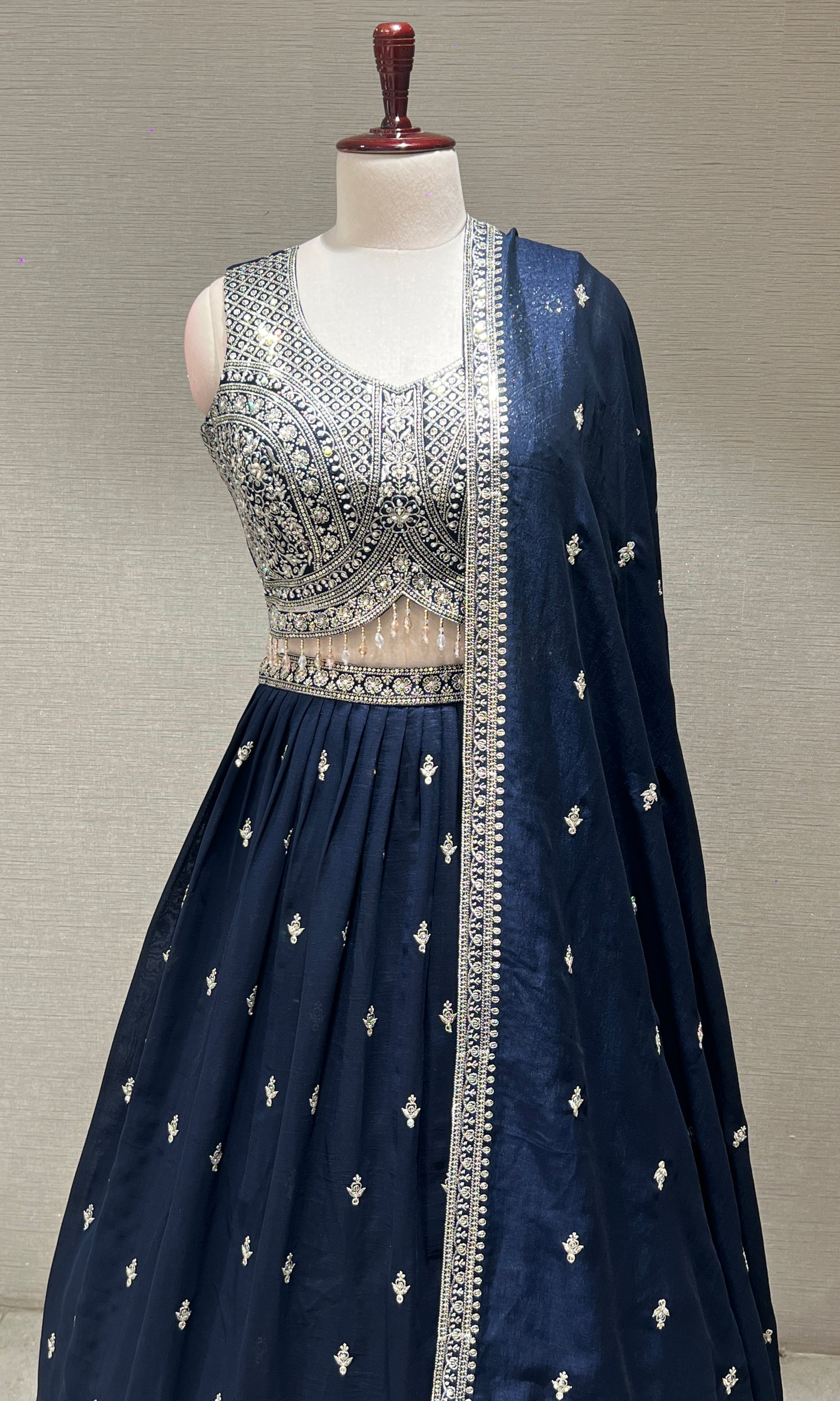 Navy Blue Heavy Mirror Embroidered Lehenga