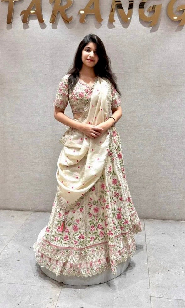 Ivory white cream Floral Embroidered Lehenga
