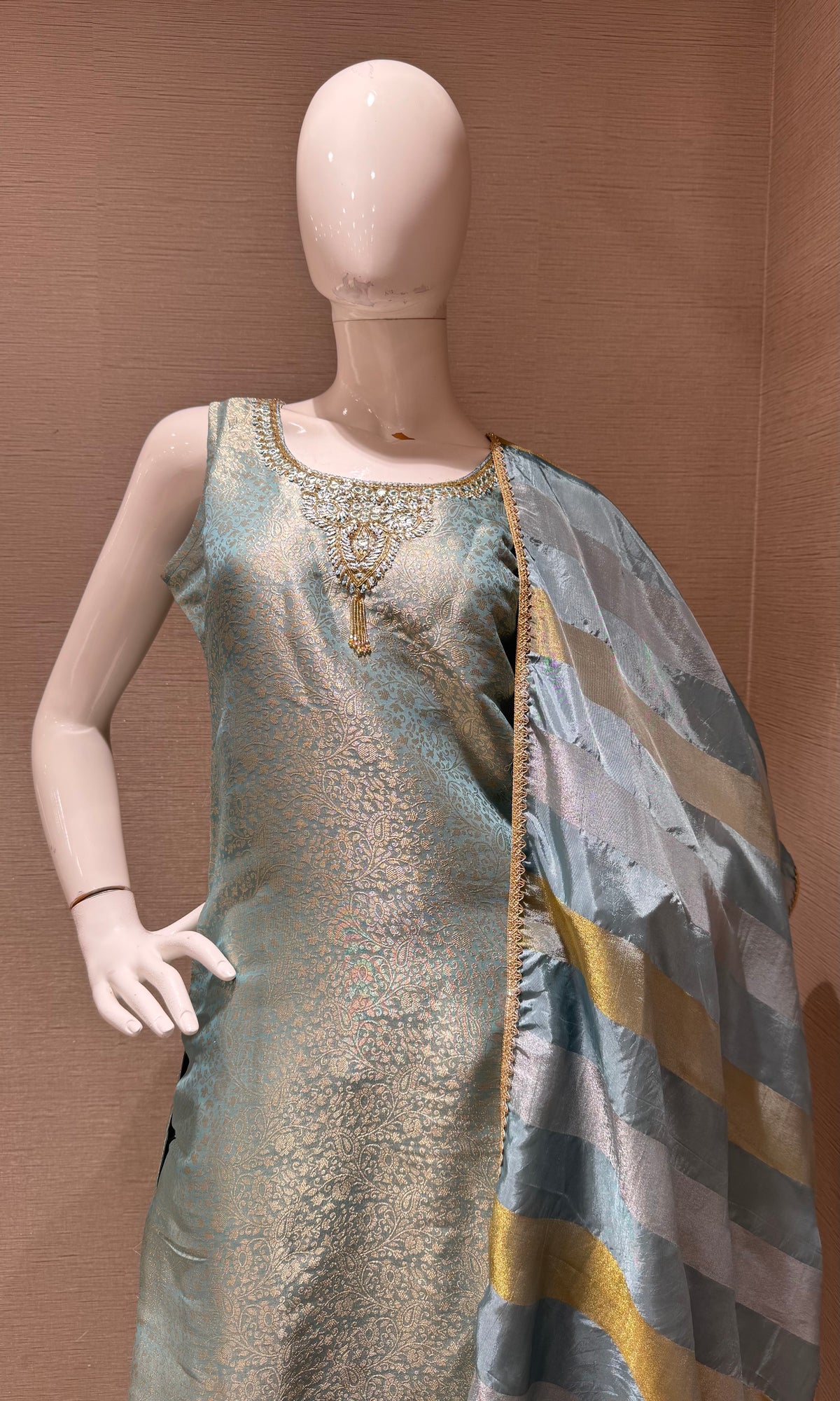 Light Blue Tissue silk Kurta Set with Striped Dupatta