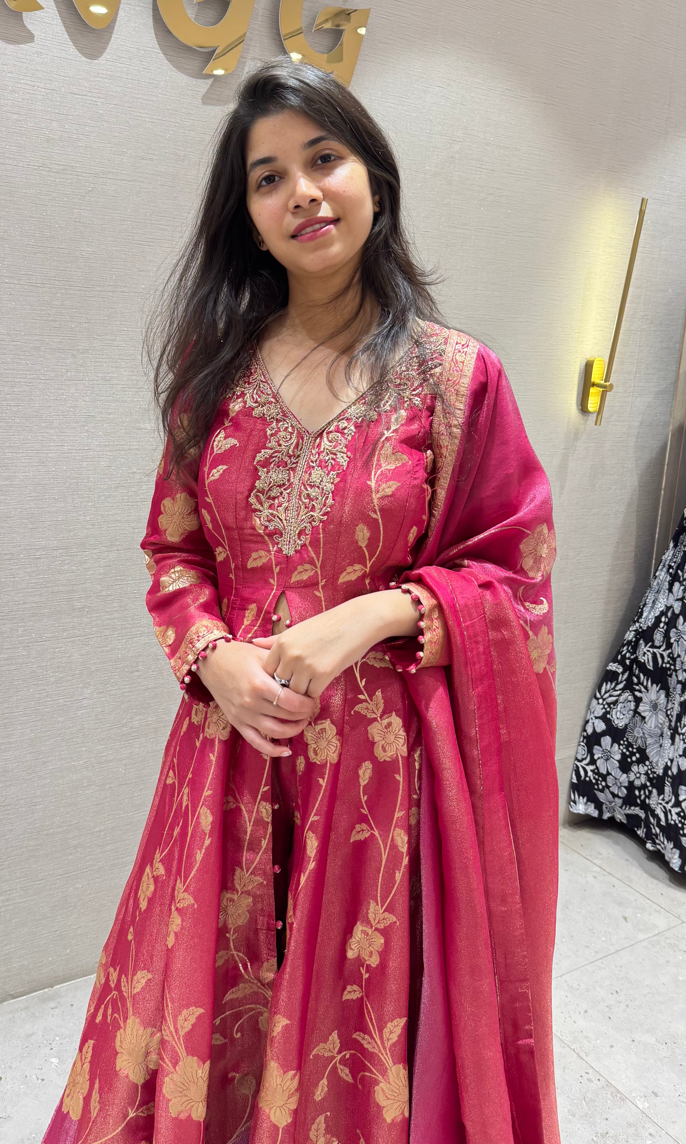 Pink GOLDEN FLORAL EMBROIDERY ANARKALI SET