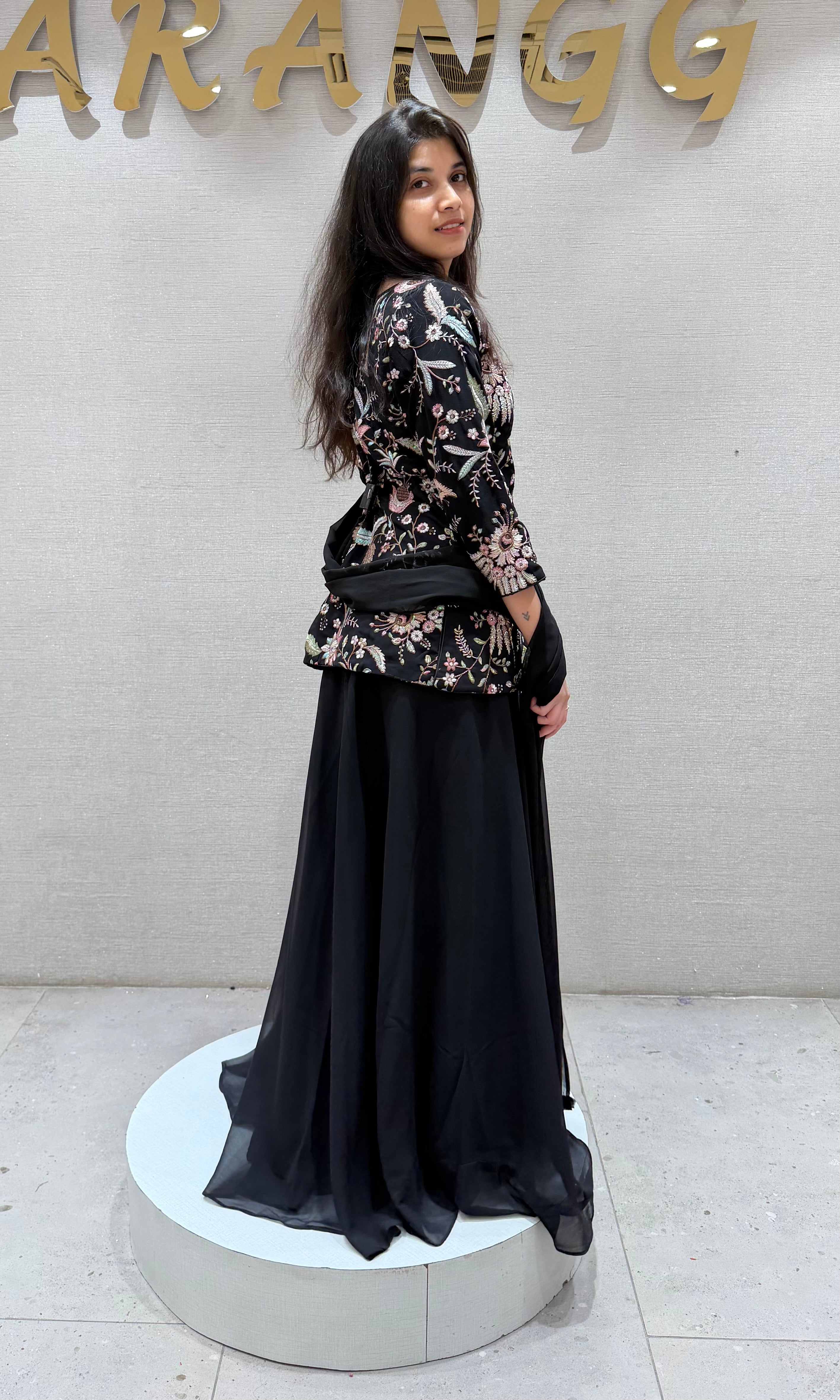 Black FRONT SLIT PEPLUM SHARARA SET