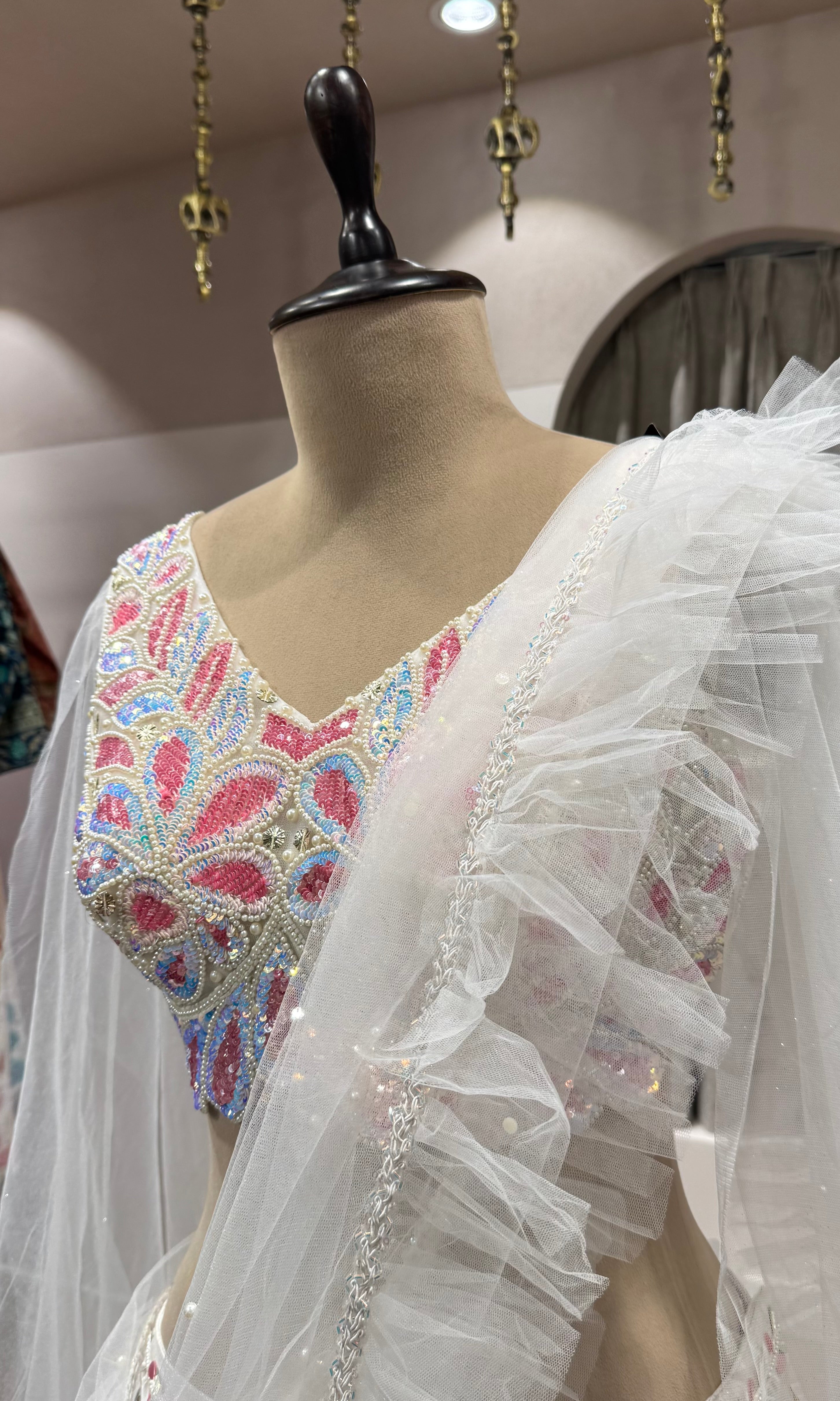 White Organza Lehenga with Pink Threadwork