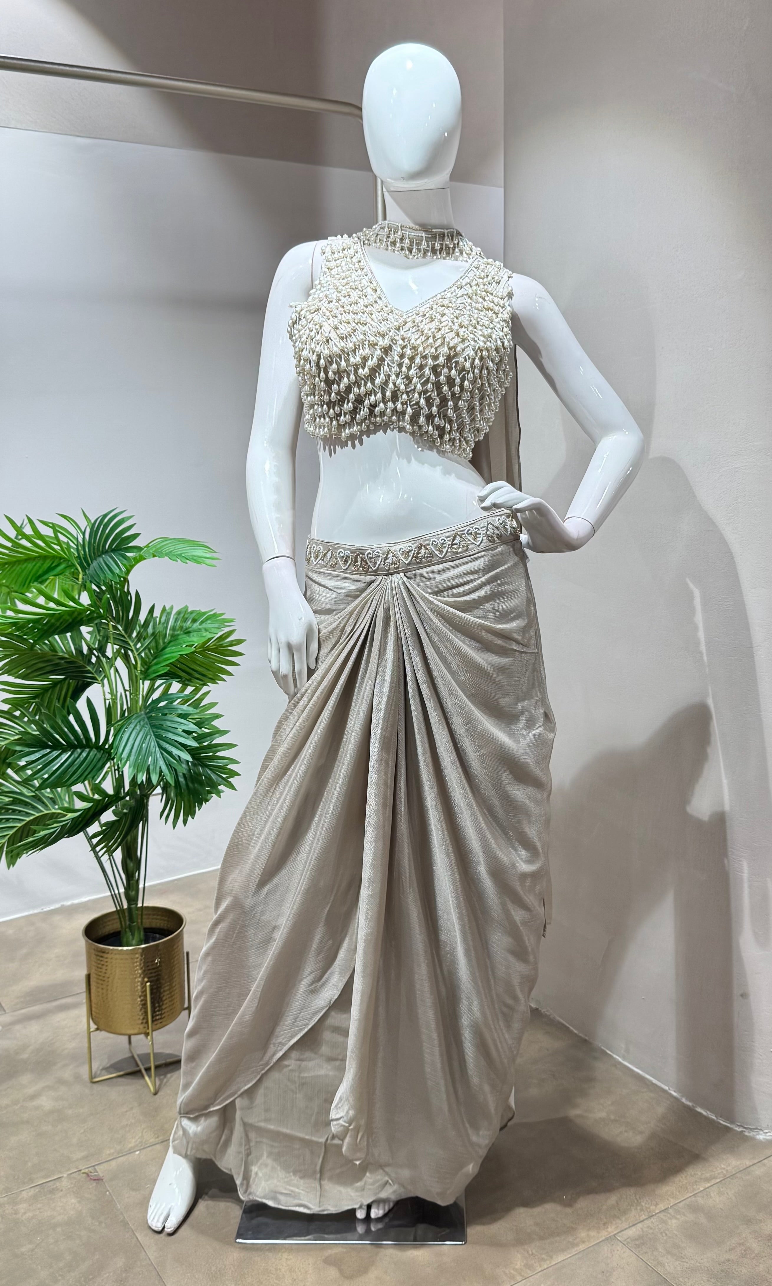 Grey designer pearl blouse with drape skirt