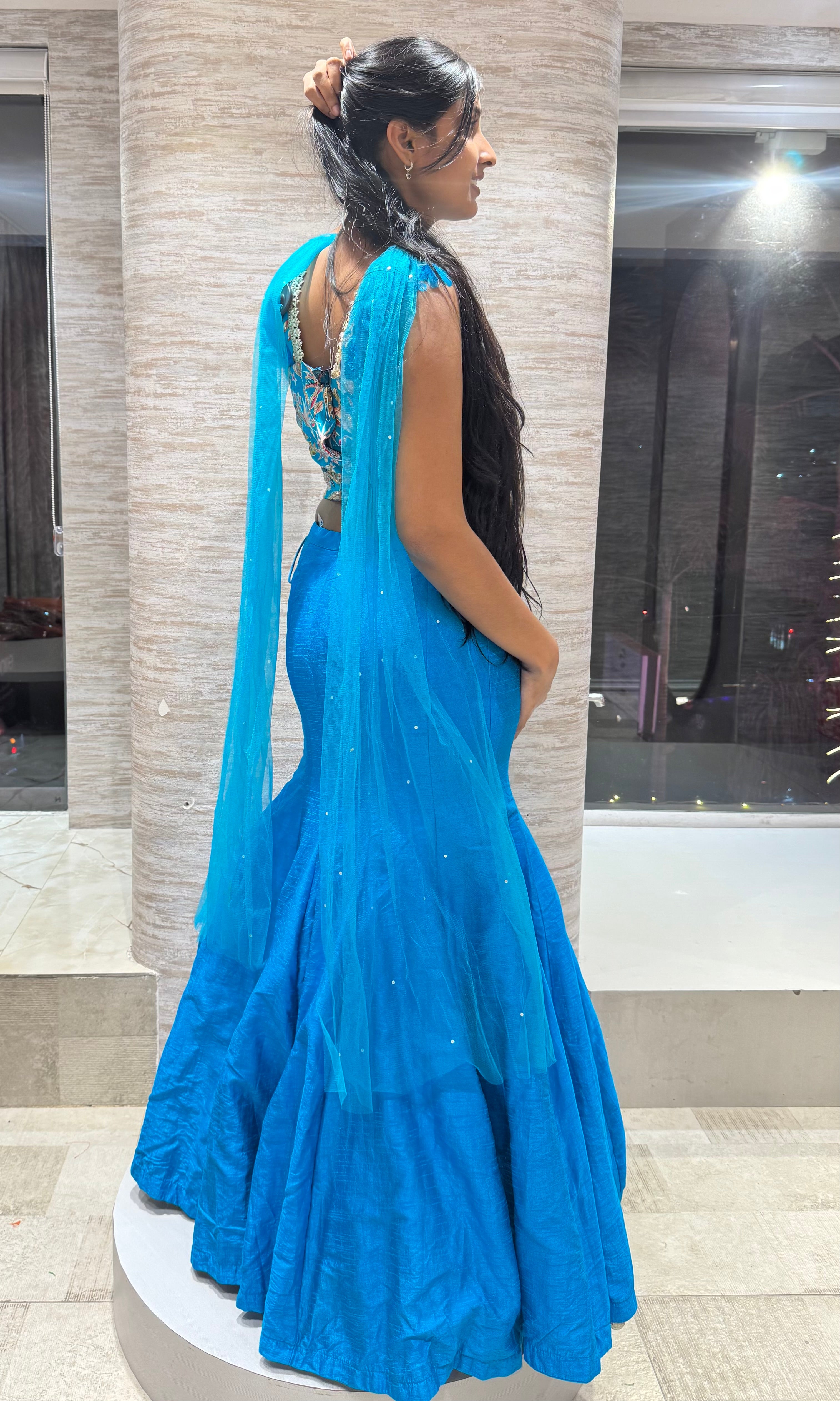 Blue embroidered corset blouse lehenga