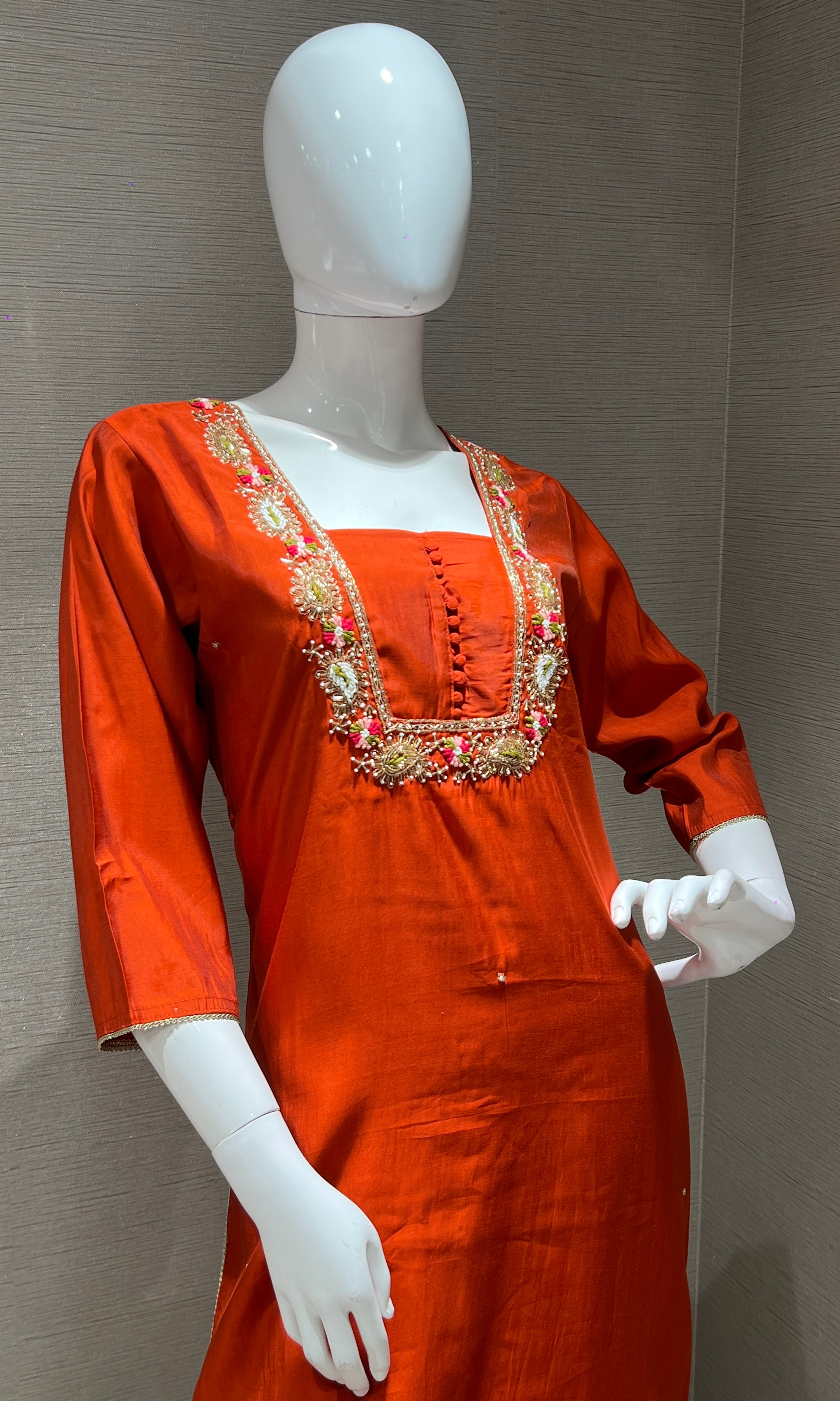 Rust orange embroidered kurti with printed dupatta