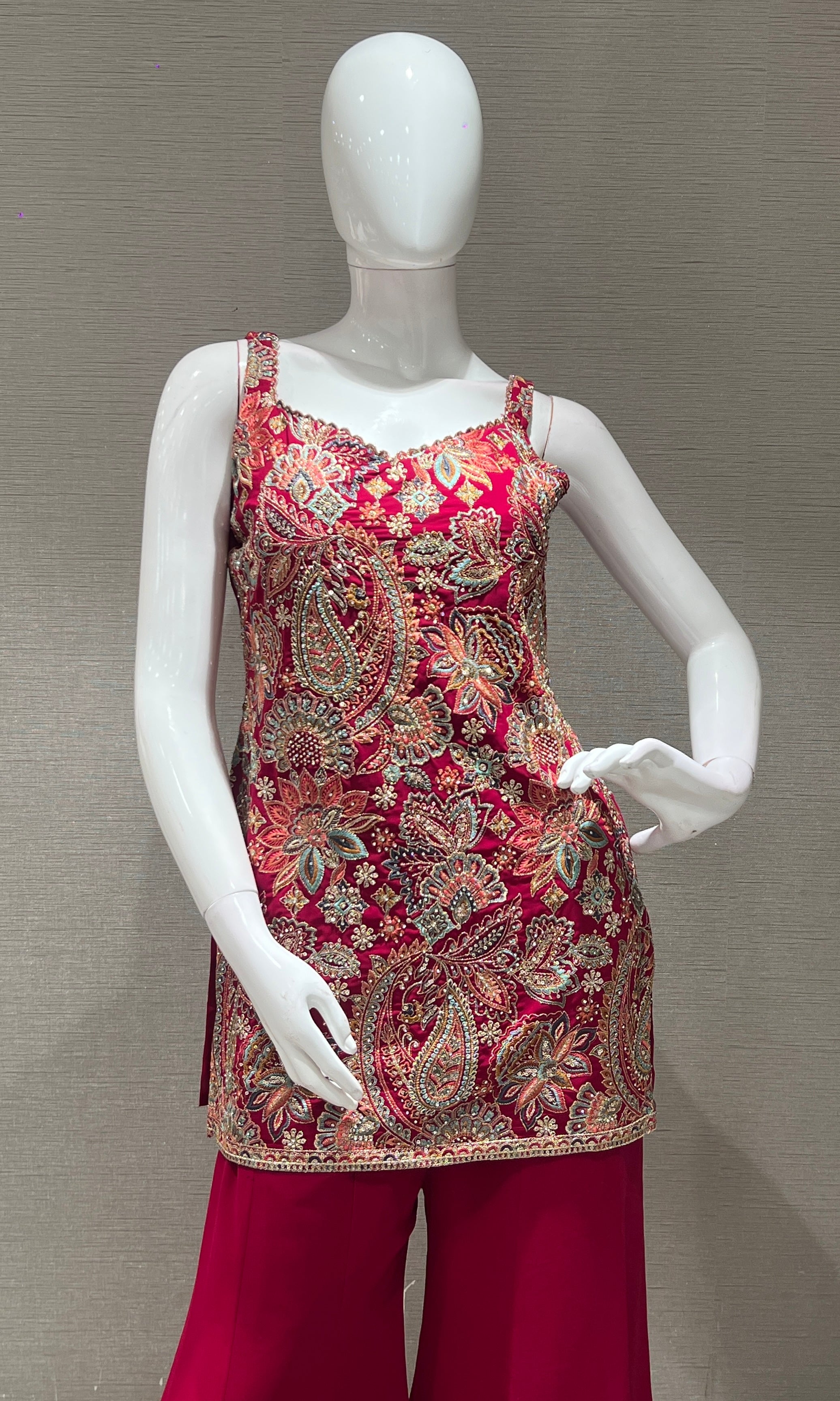 Rani pink Embellished short peplum palazzo set