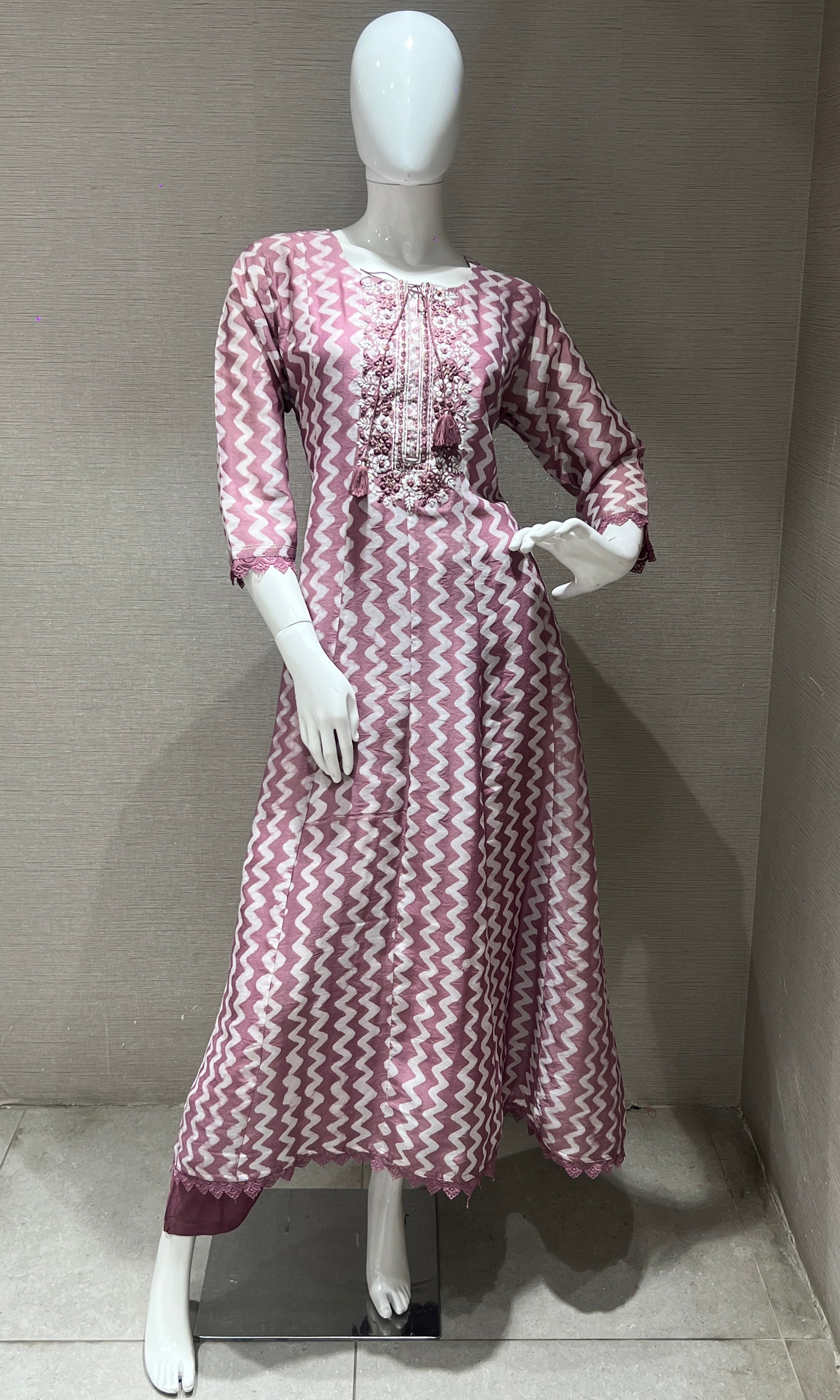 Elegant Pink and White Chevron Printed kurta with Embellished Neckline