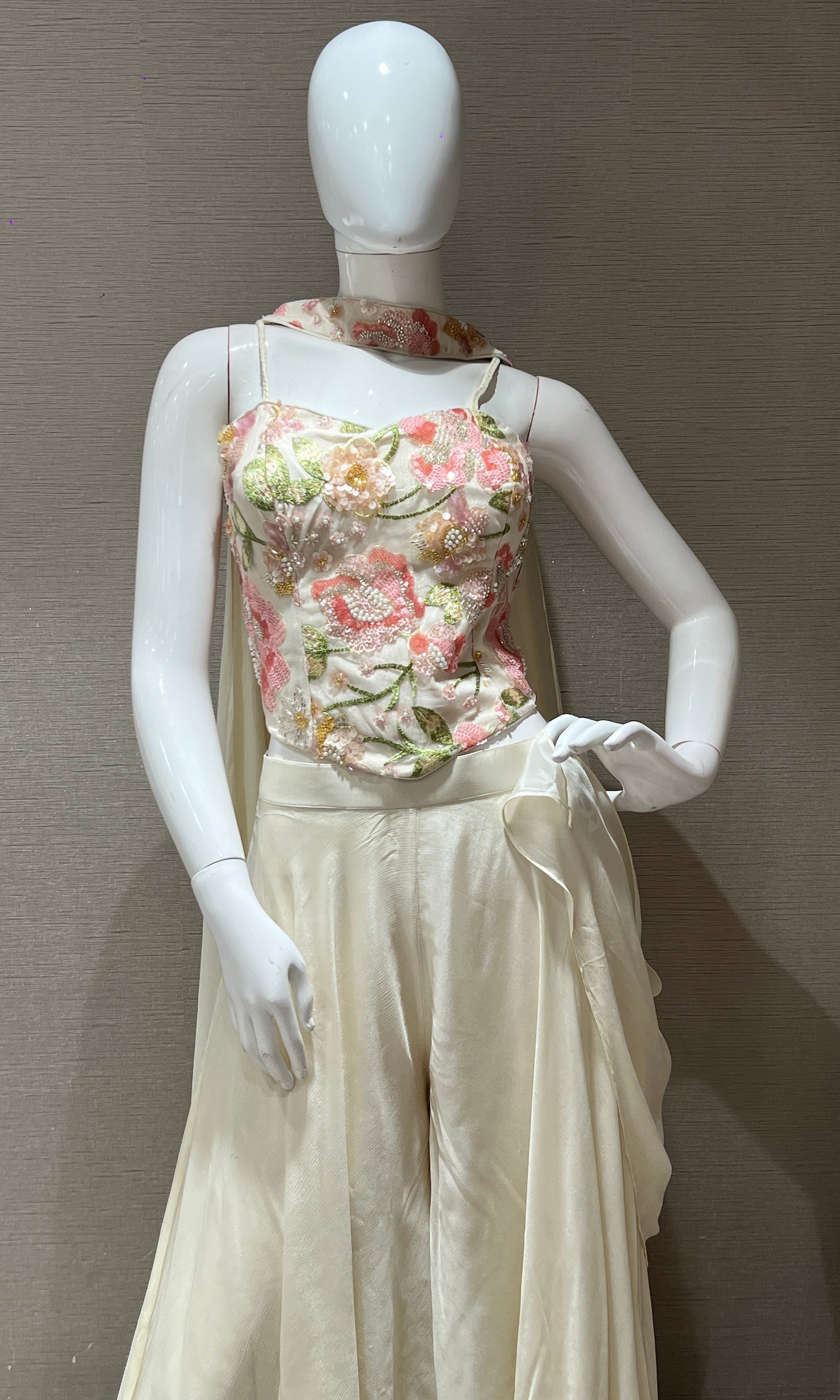 cream palazzo set with floral corset blouse