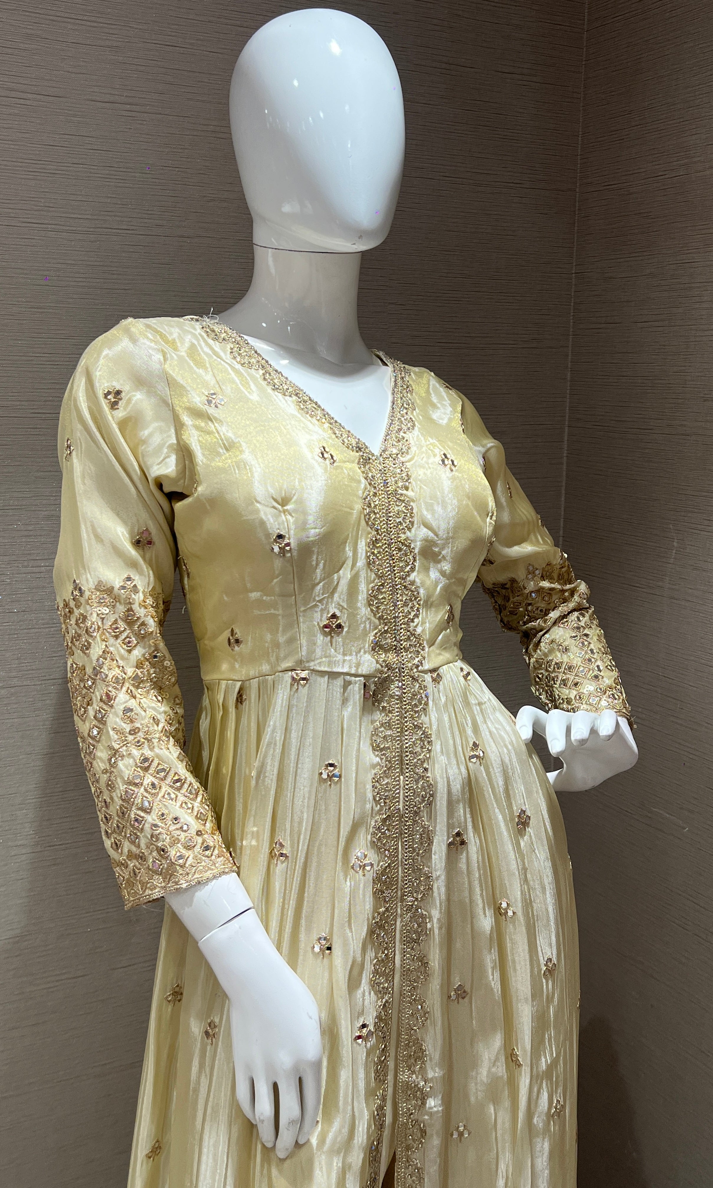 Cream front slit Anarkali kurta set with palazzo