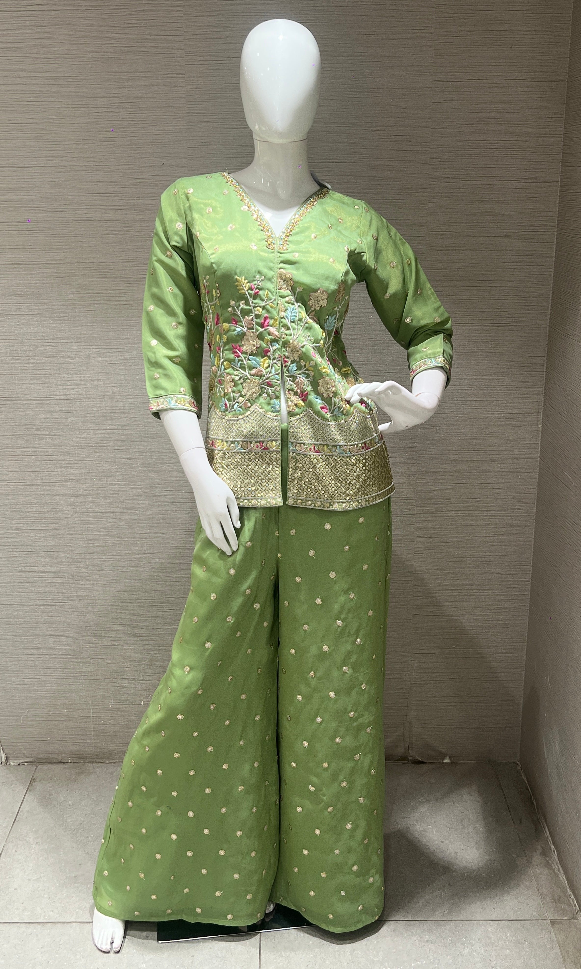 Pista Green Floral Embroidered Palazzo set