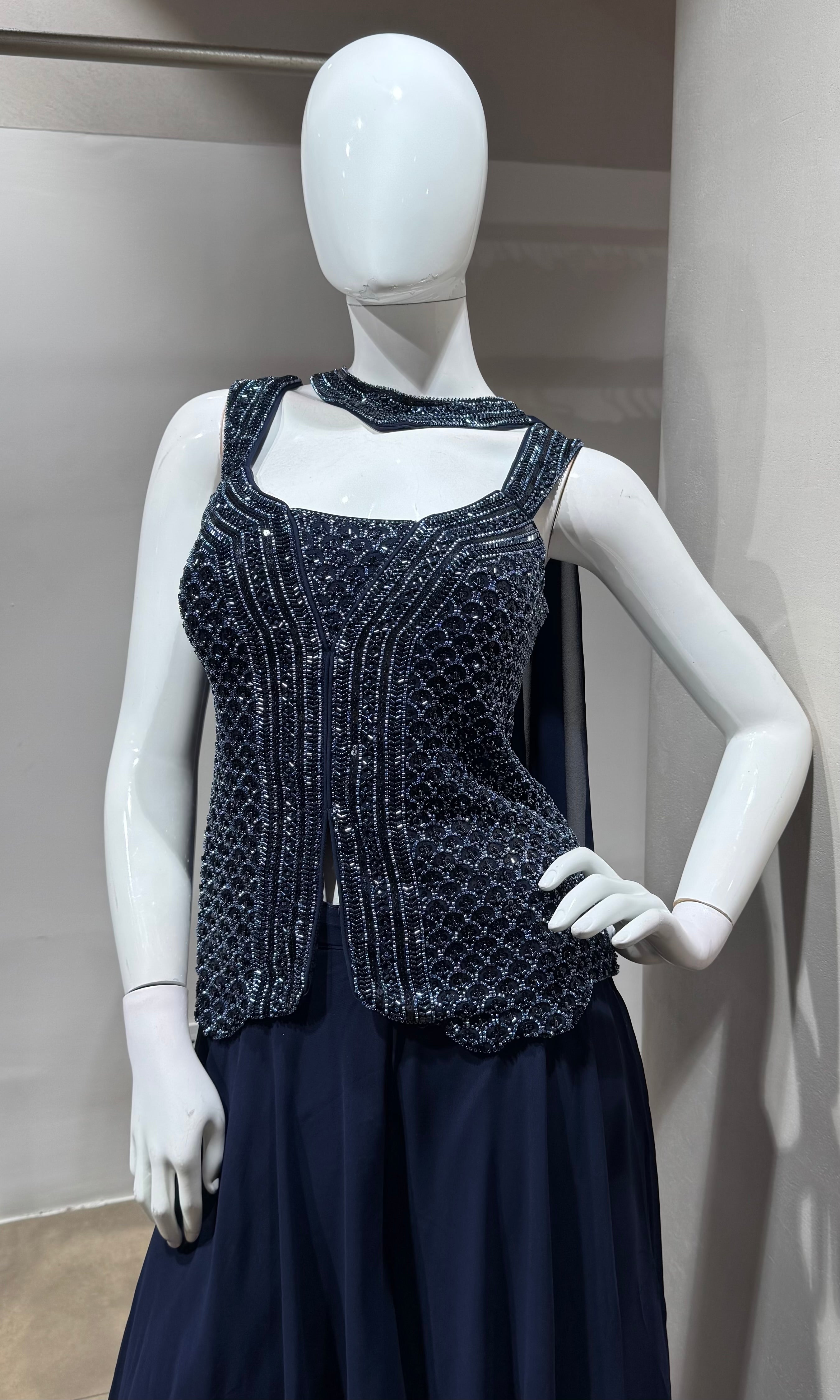 navy blue georgette sequin palazzo set