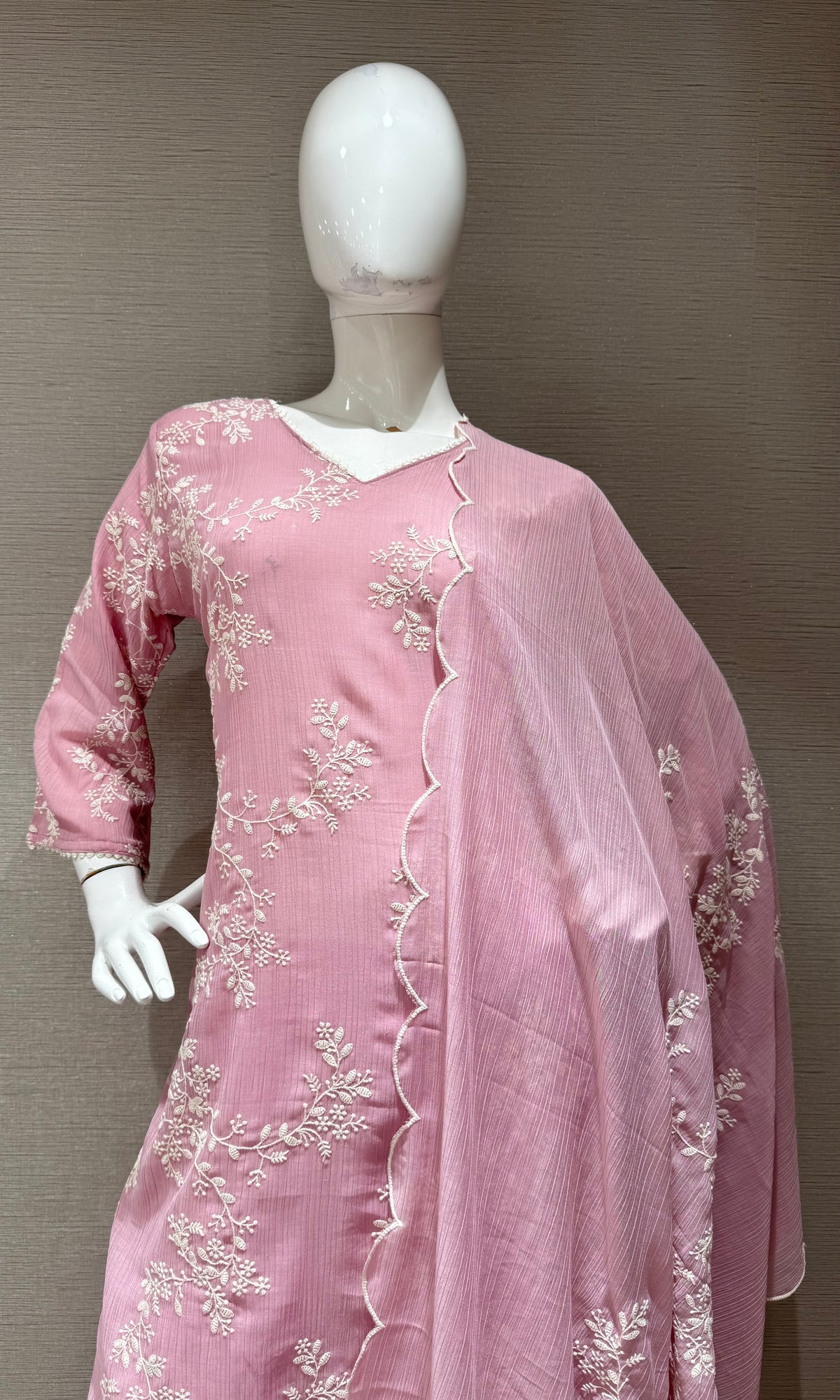 Light Pink Floral cotton Kurta Set with Sheer Dupatta