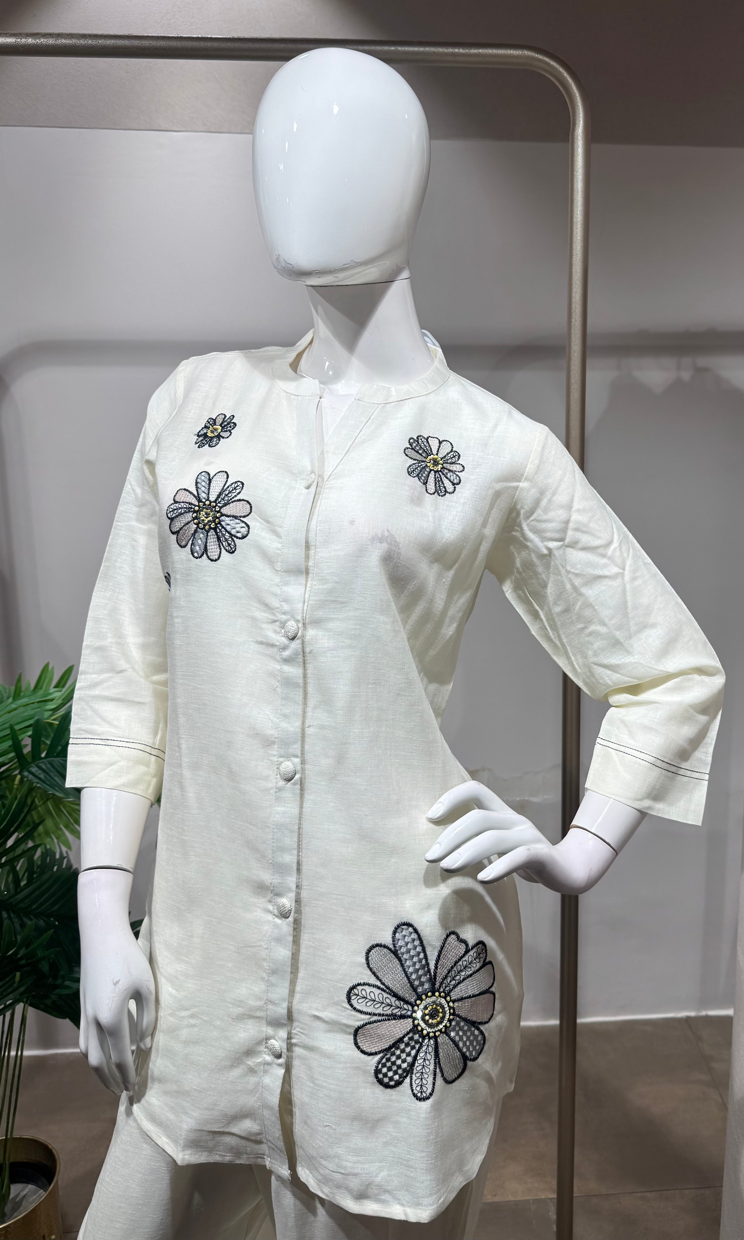 Cream Floral Embroidered Cord Set