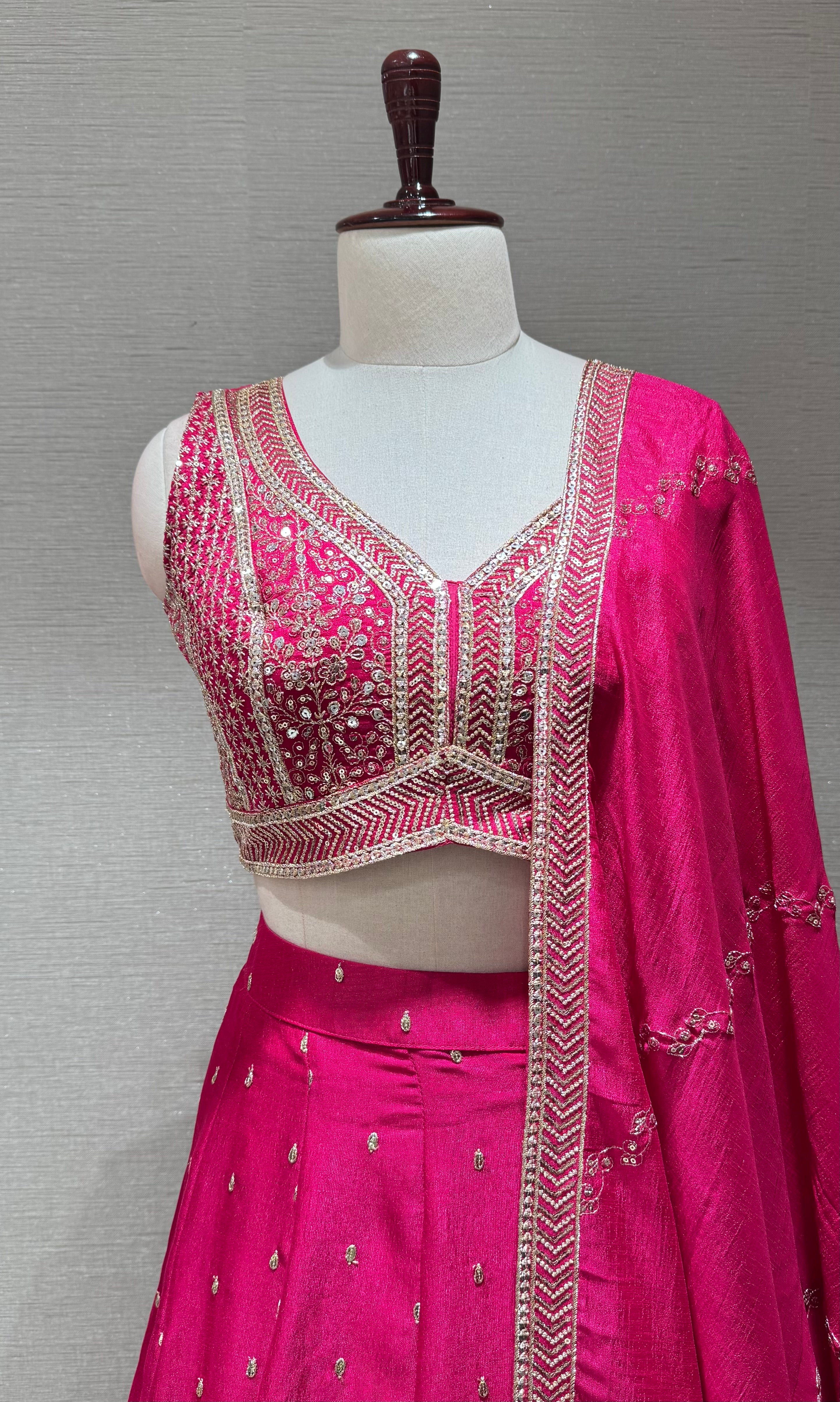 Bright Pink Silk Lehenga set with Gold Border