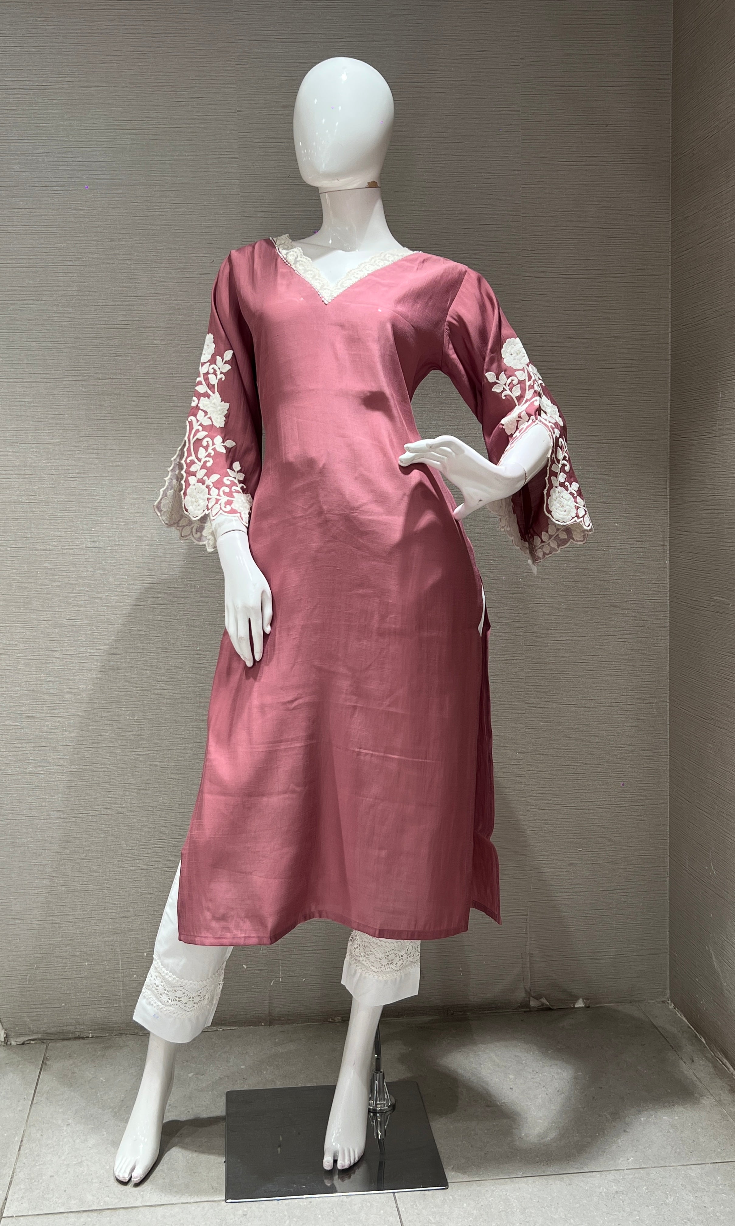 Pink KURTI TOP WITH FULL FLORAL SLEEVES