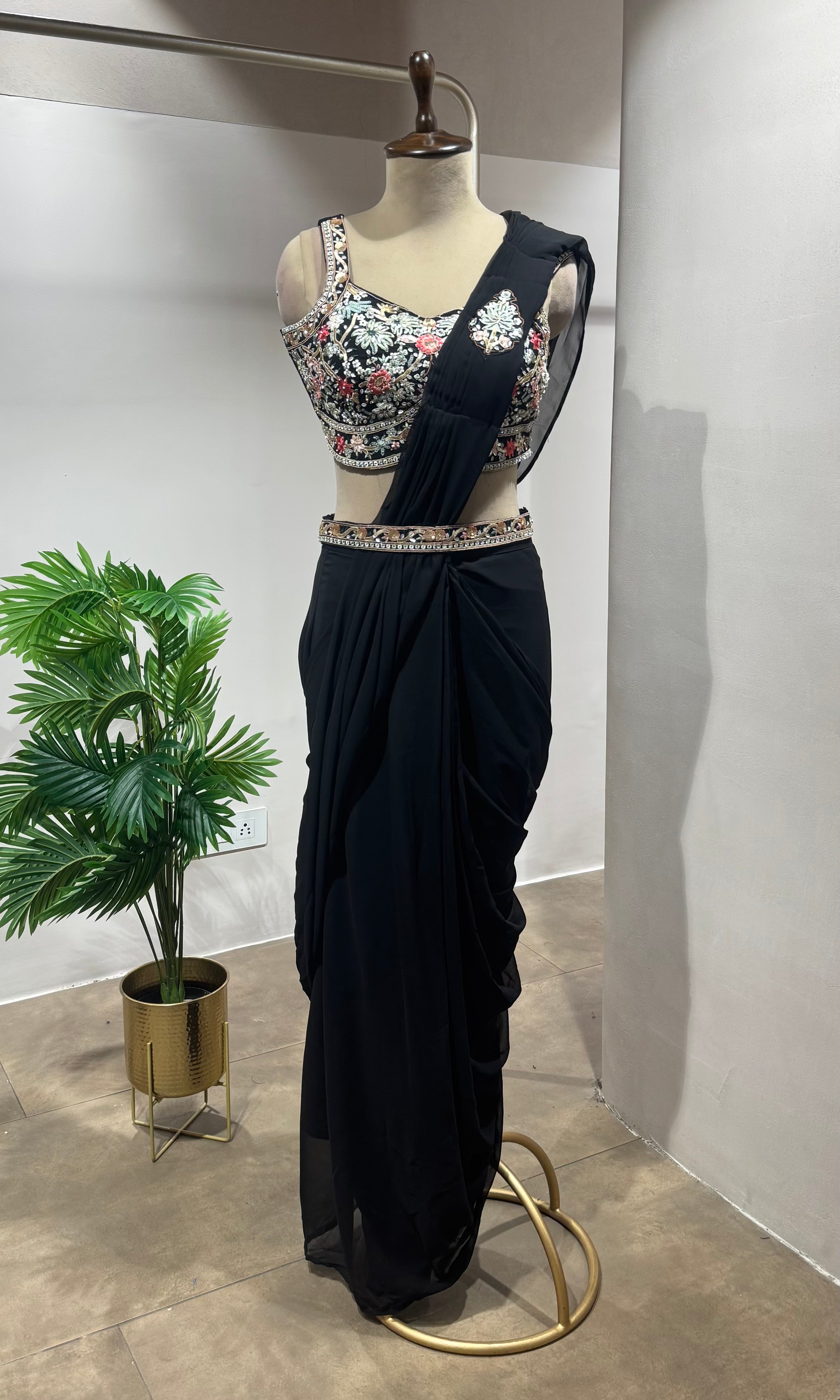 black drape saree with floral blouse & BELT