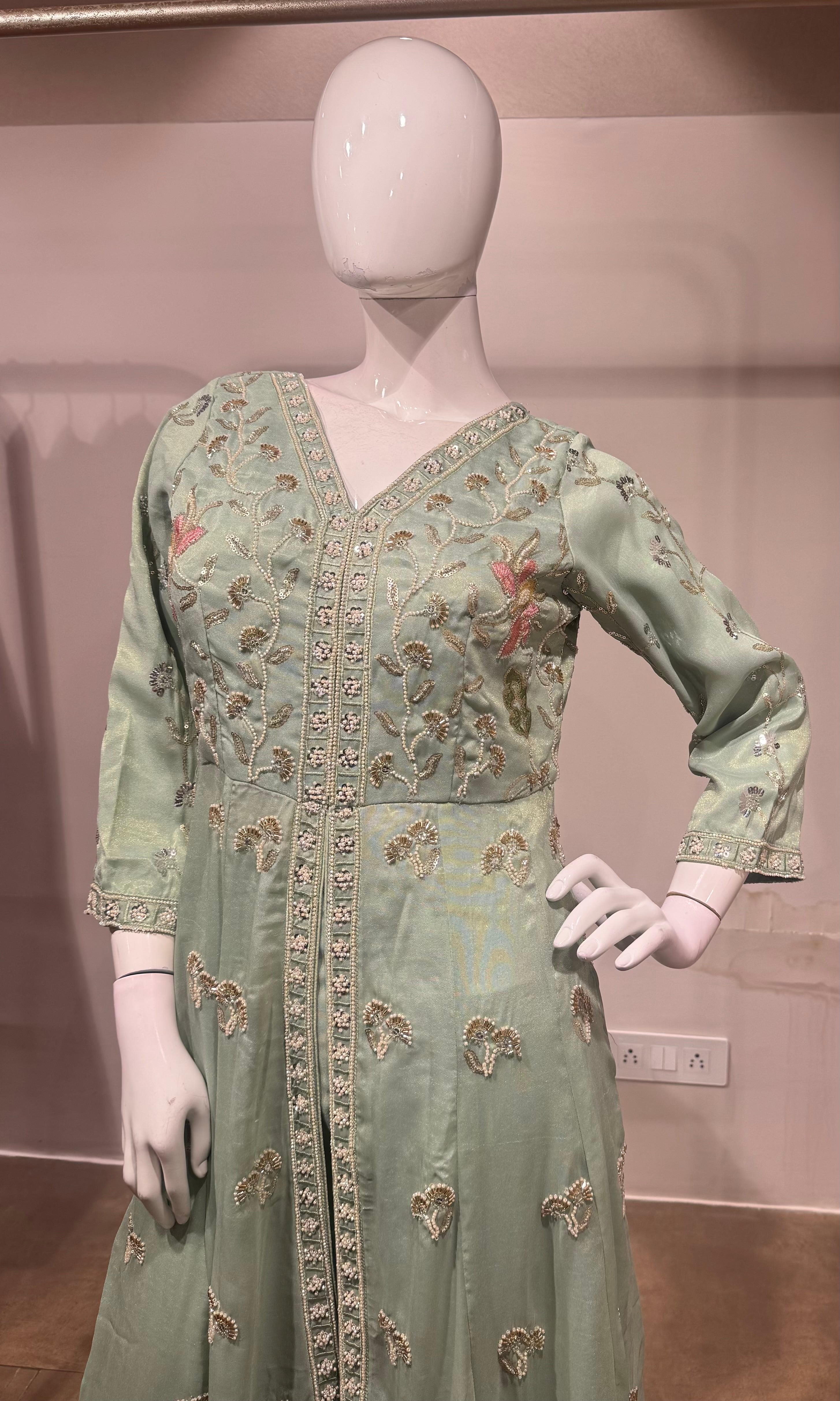 Mint Green Floral Embroidered Anarkali Front slit Set