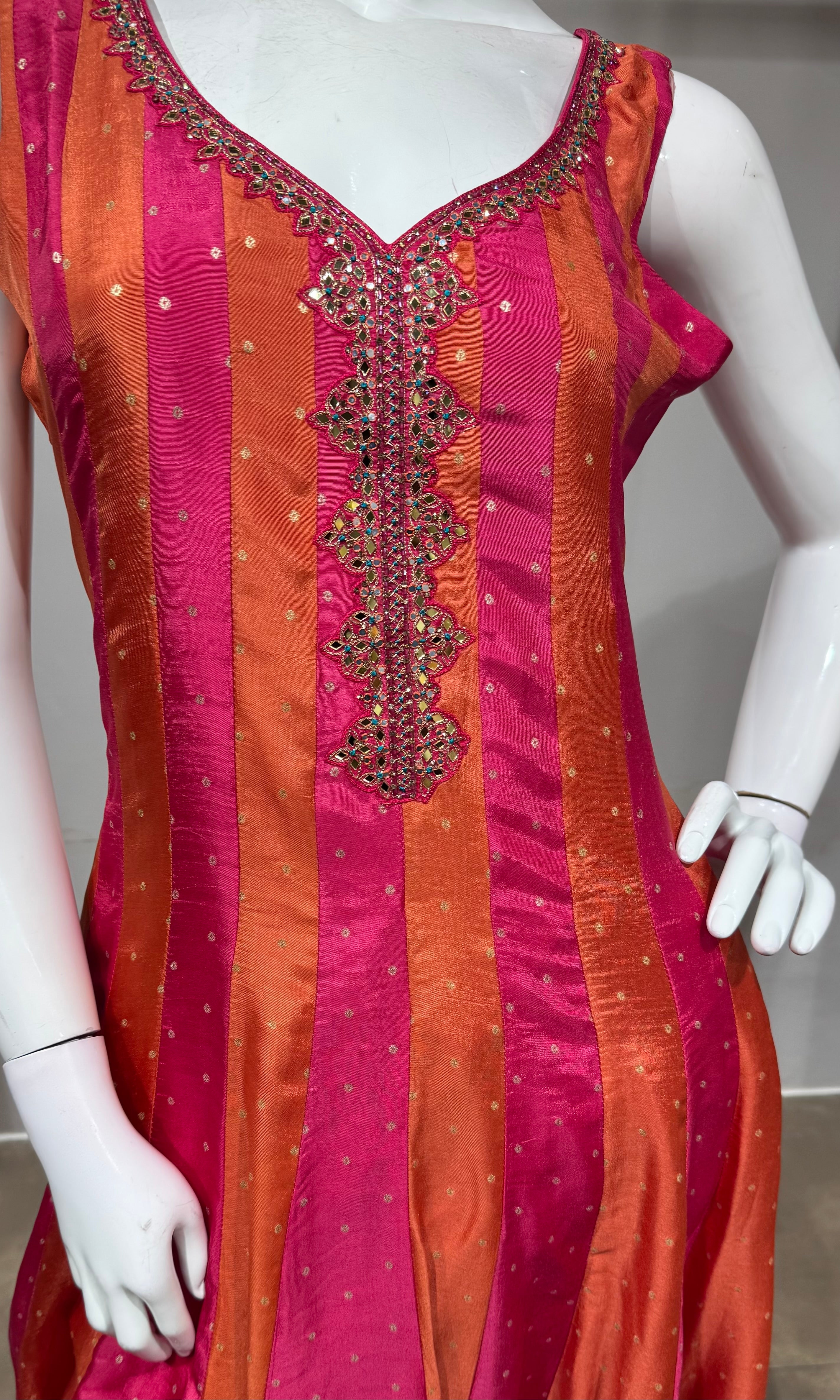 Rani Pink & Sunset Orange Striped Anarkali Set