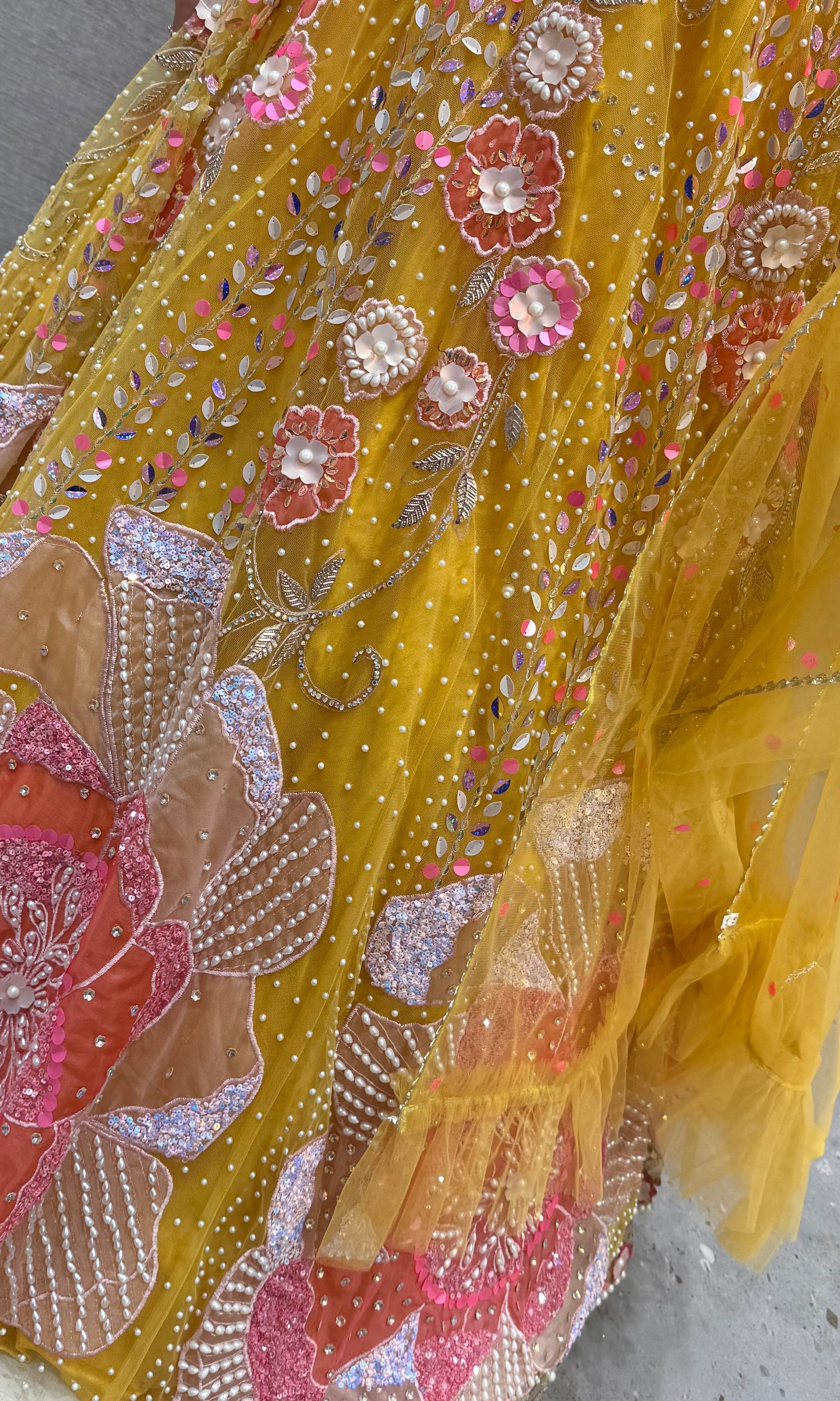 Lemon Yellow Organza Printed Lehenga set