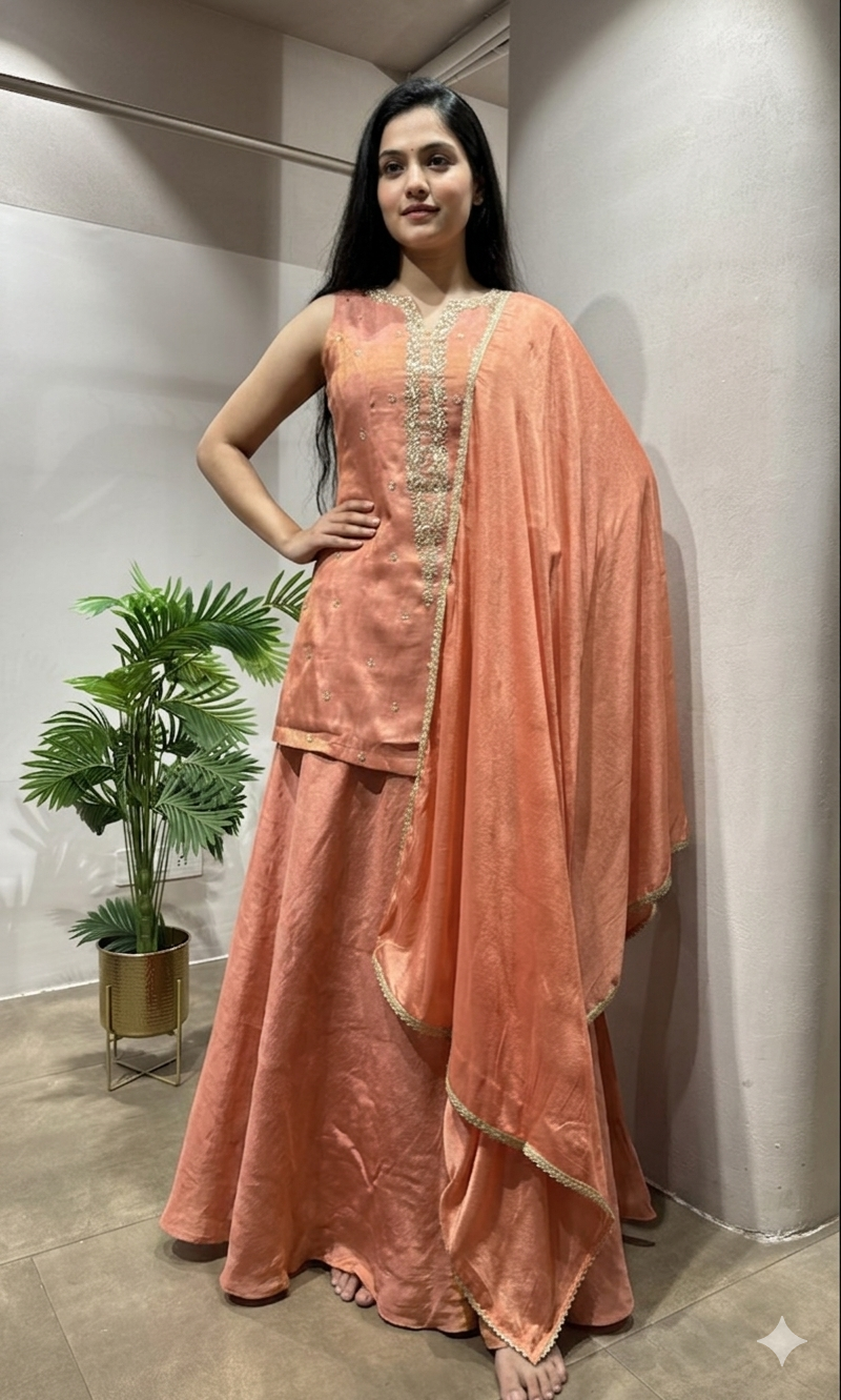 Peach Golden Tissue peplum palazzo Set