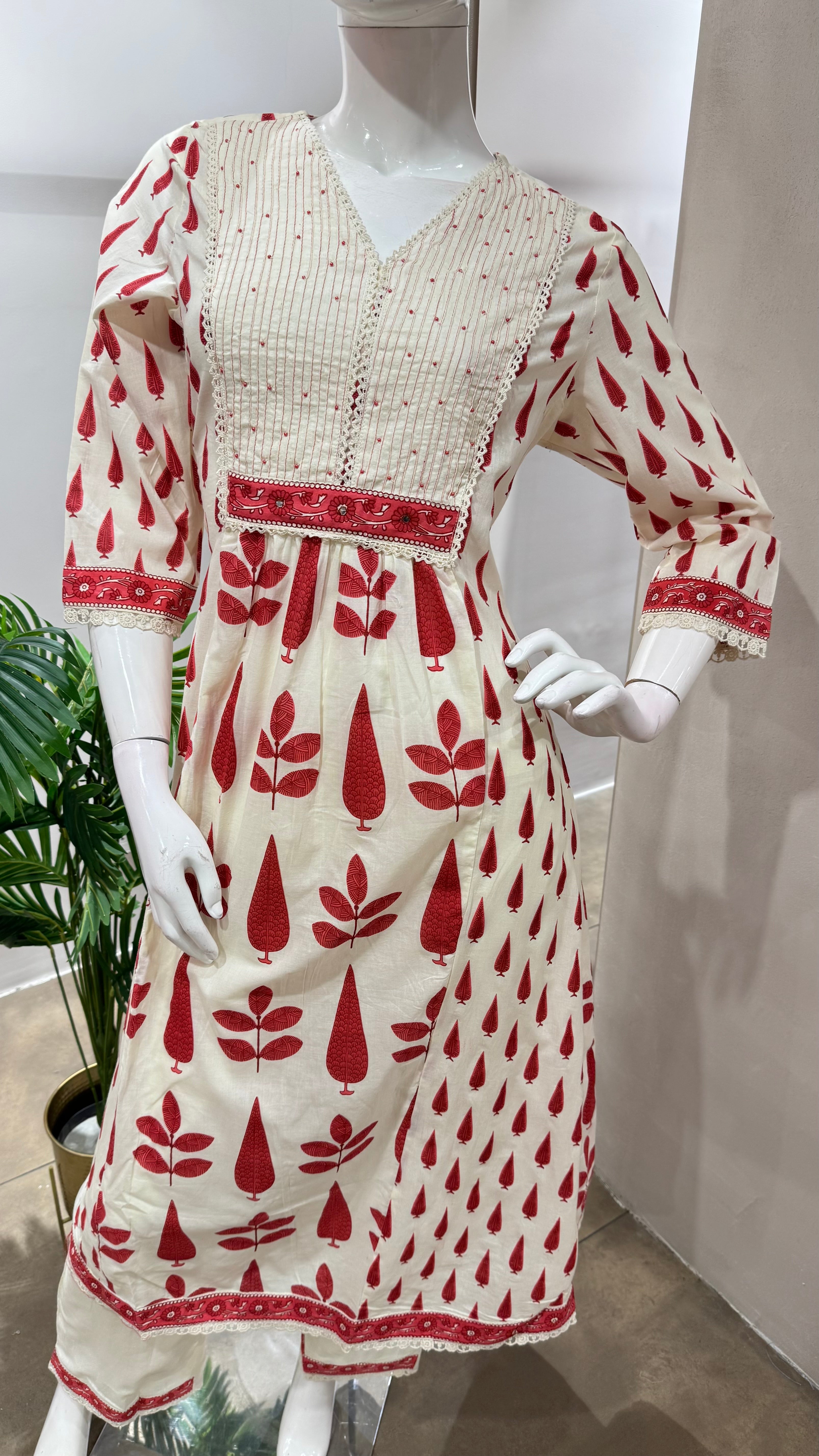 RED AND CREAM ETHNIC PRINTED ANARKALI SET