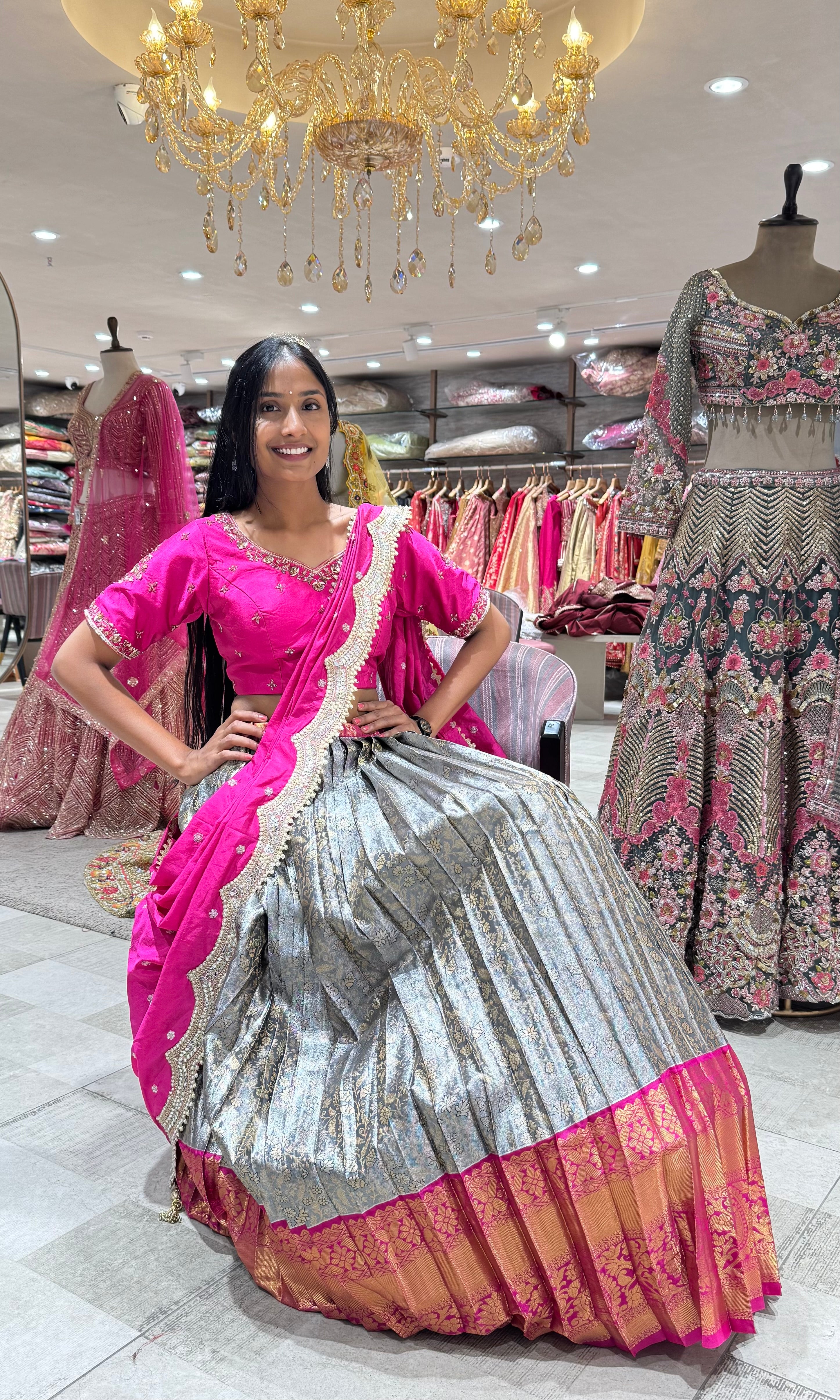 PINK AND GREY EMBROIDERED LEHENGA