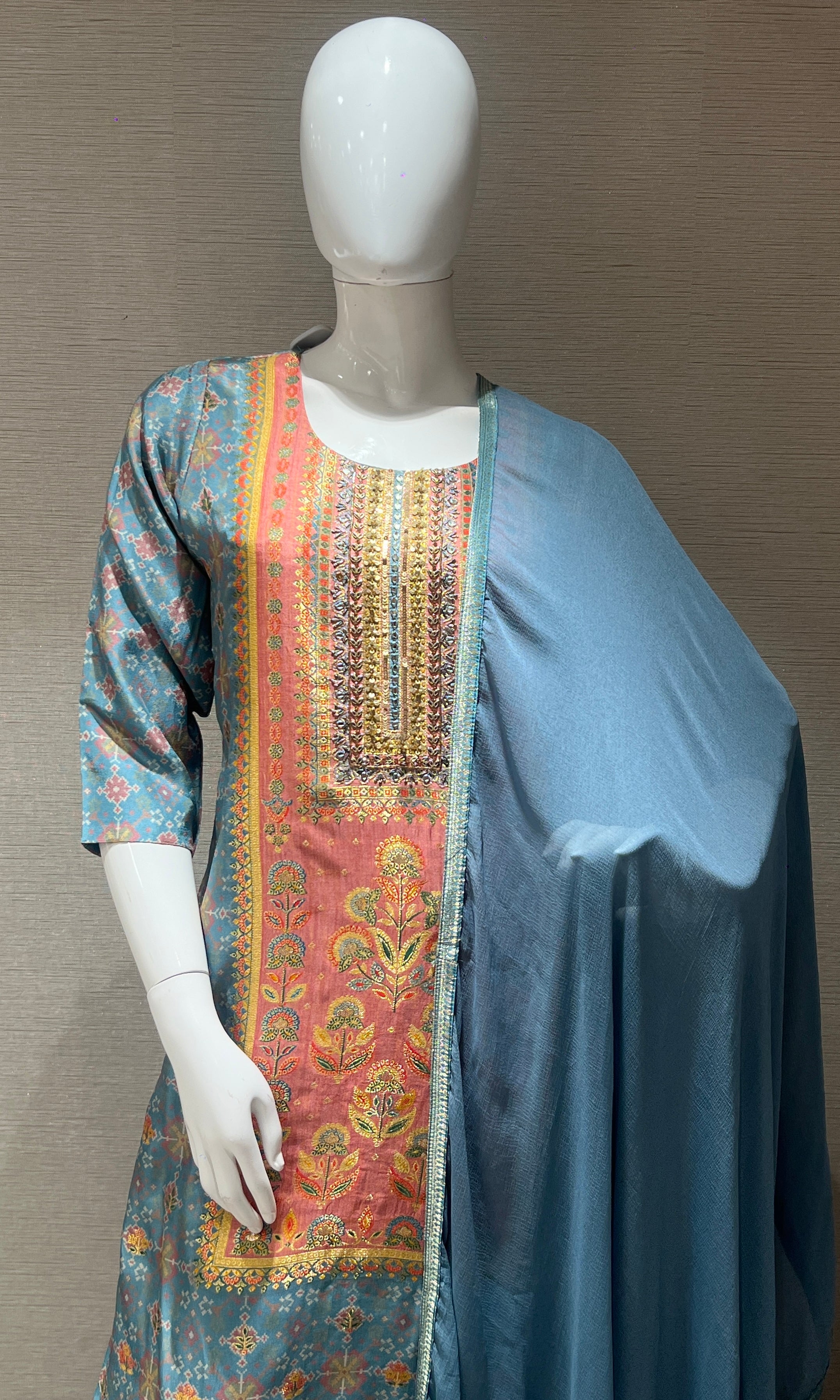 Blue and Orange Printed Kurta Set with Dupatta