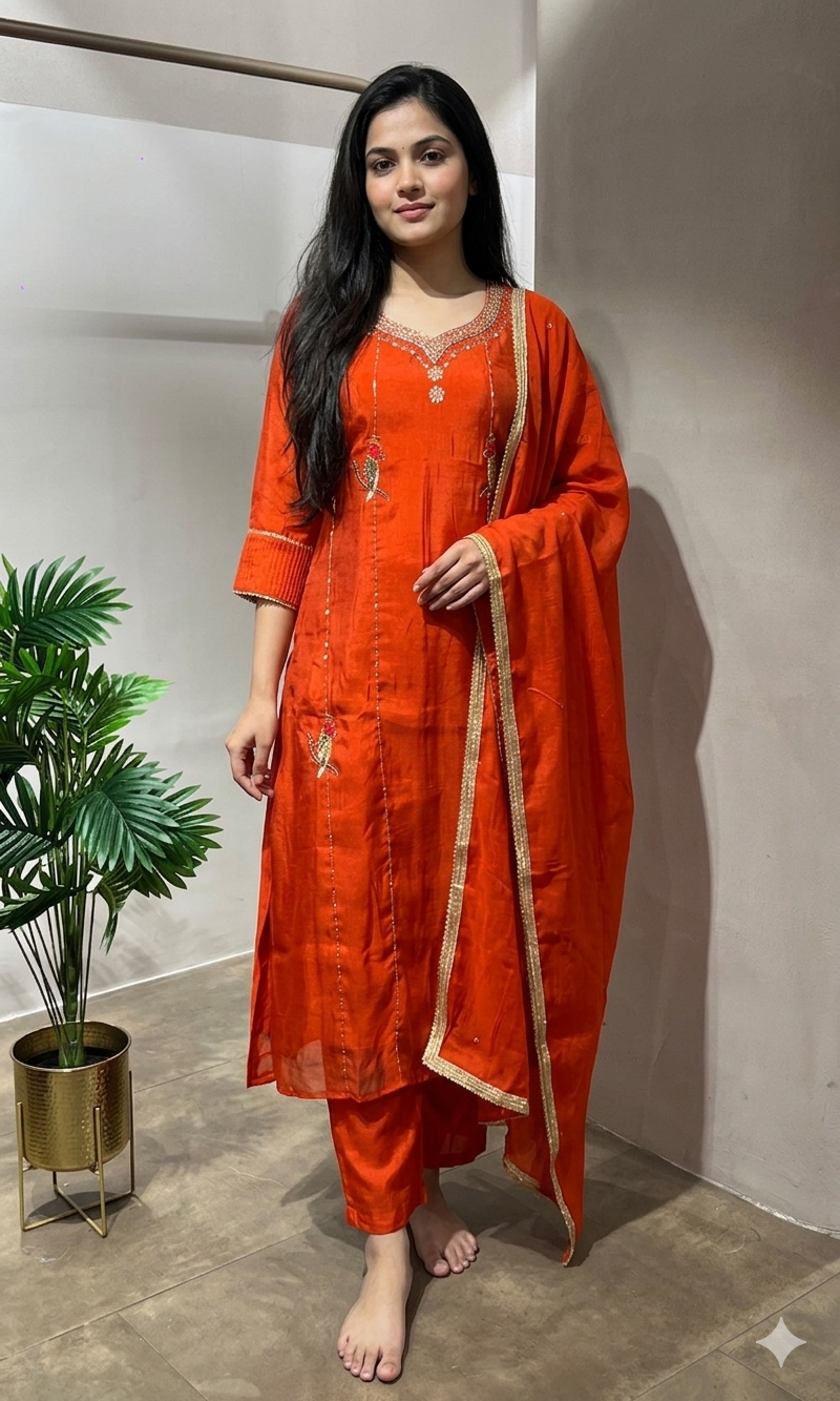 RUST Floral EMBROIDERY MULCHANDERI KURTA SET