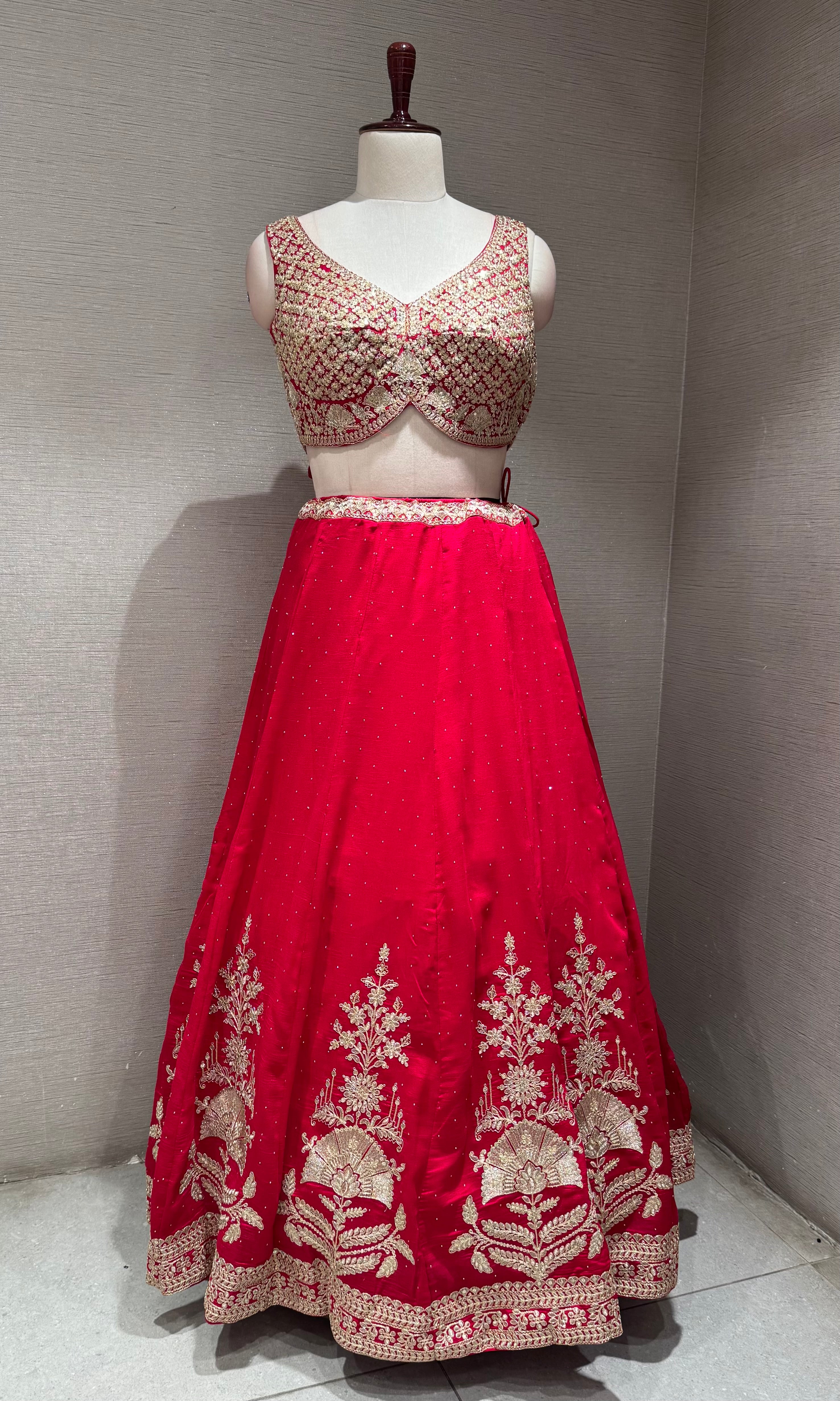 Bright Rani Lehenga Choli with Gold Embroidery
