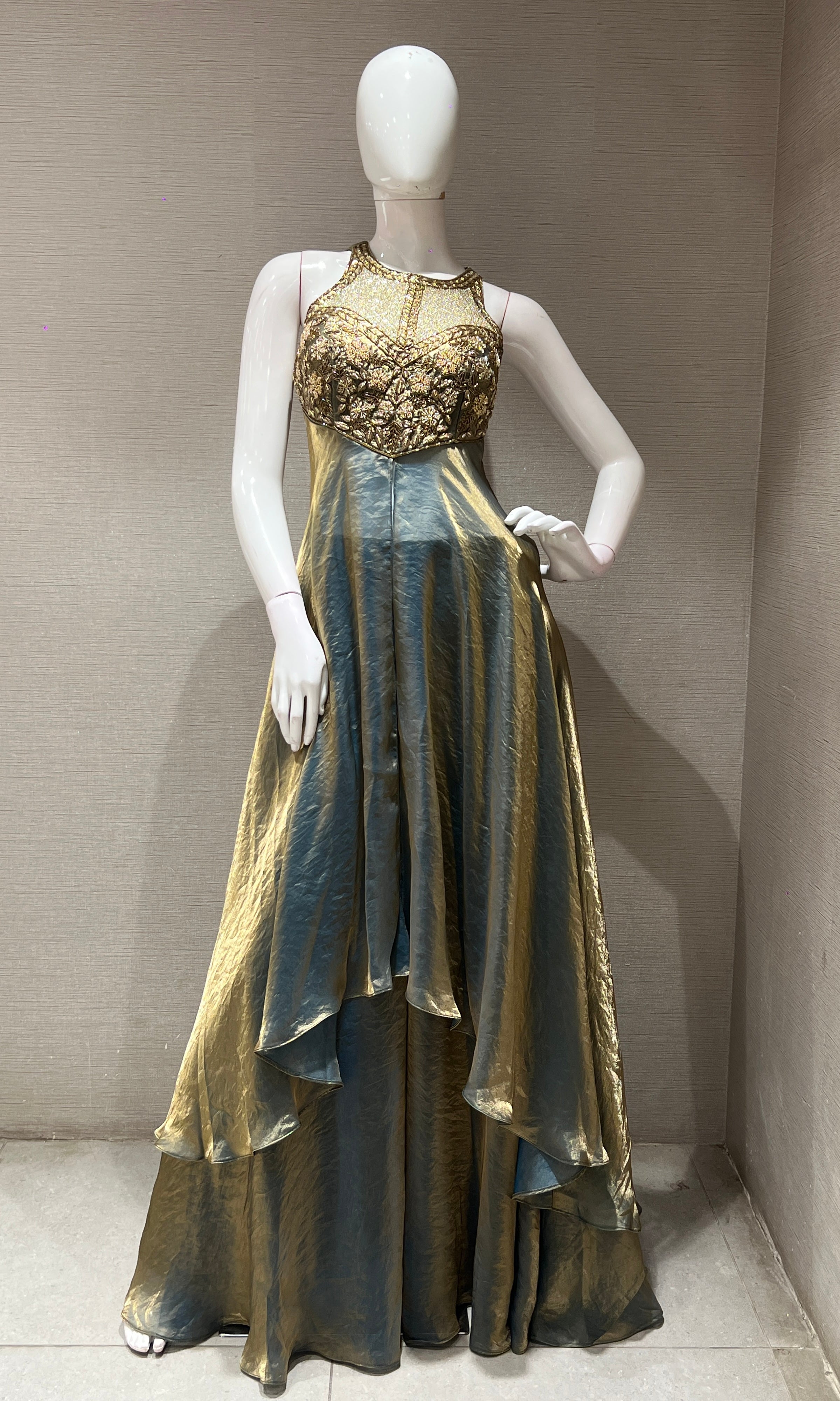 GREEN HALTER NECK EMBROIDERED ANARKALI