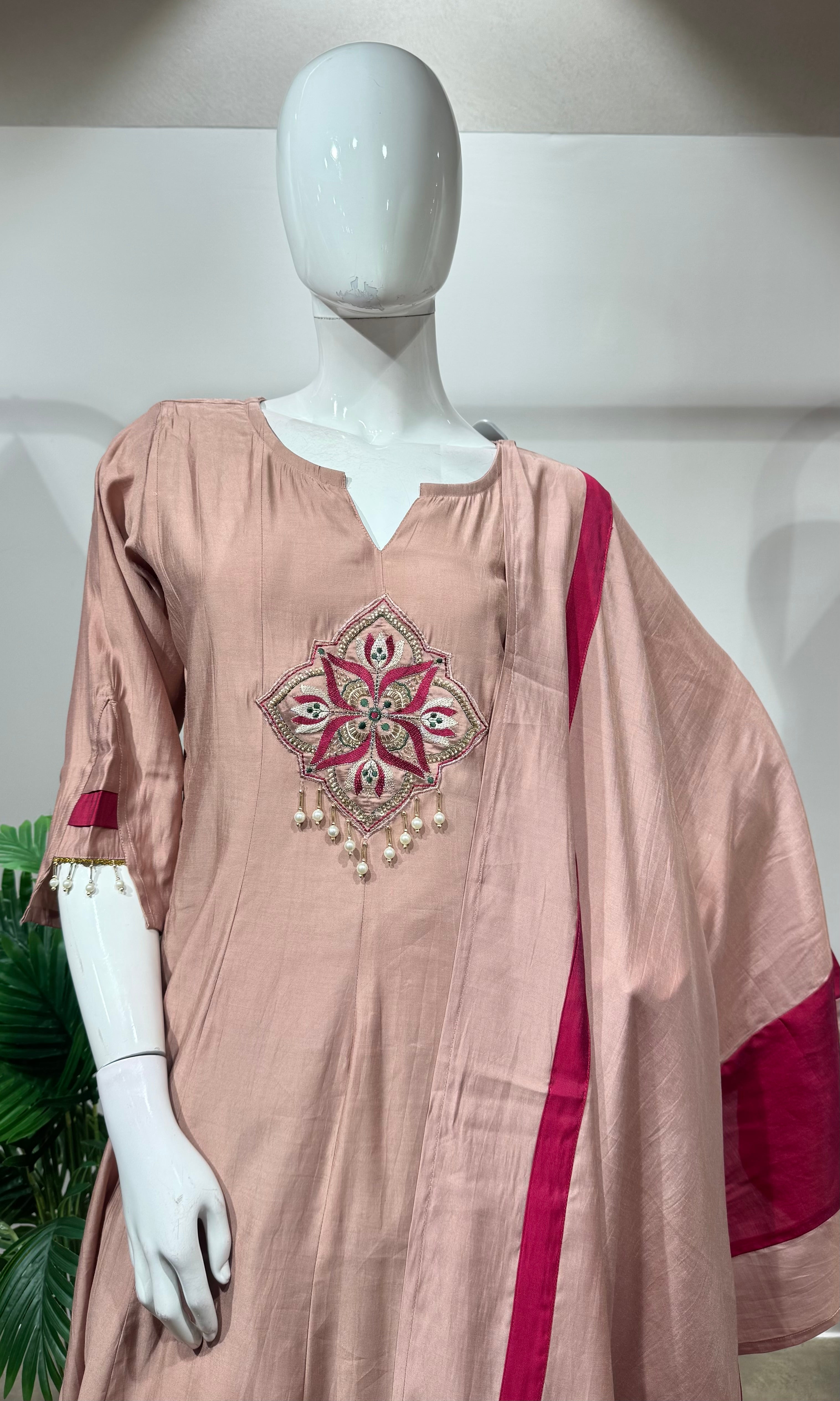 Beige Rose Silk Straight Kurta Set