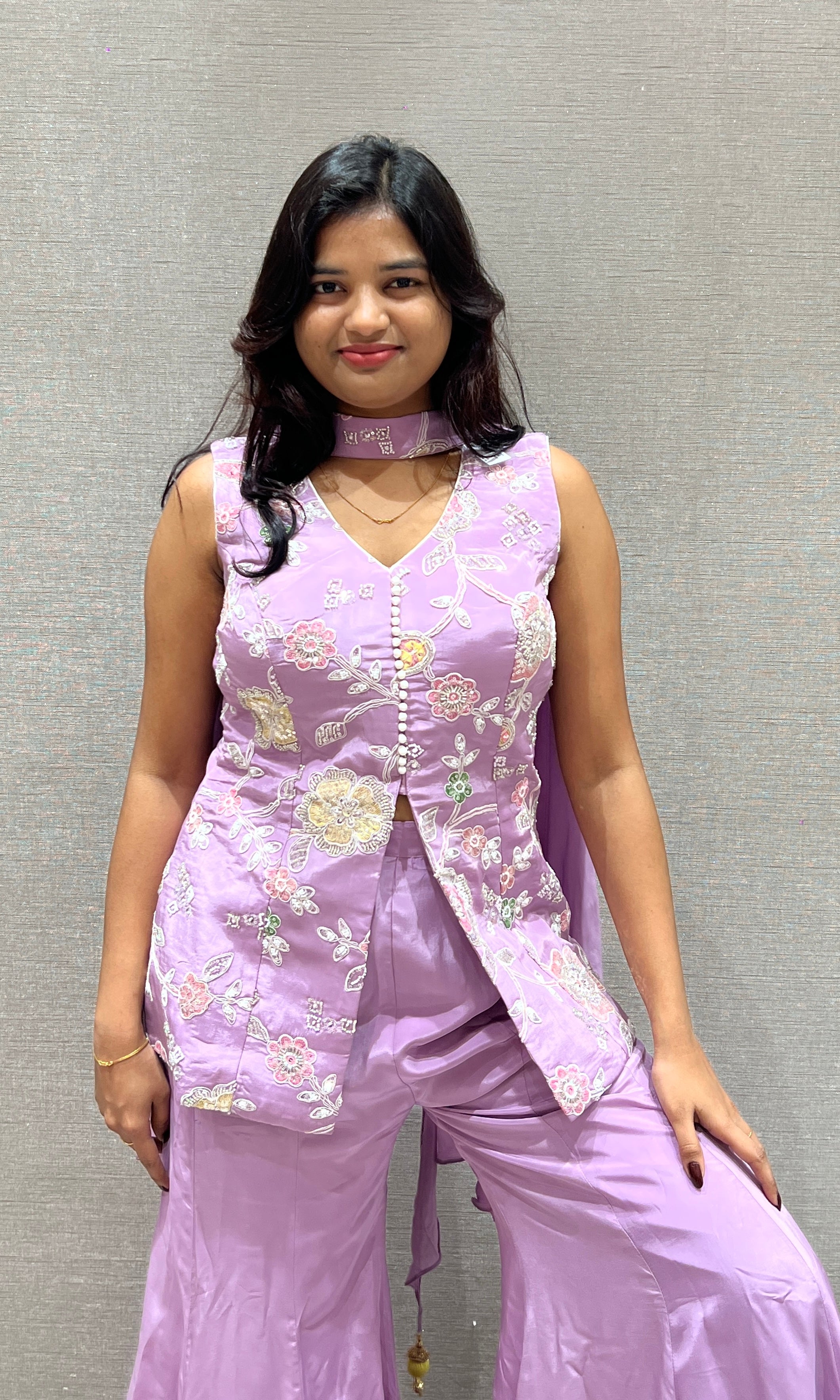 Lavender Embroidered Peplum Sharara Set