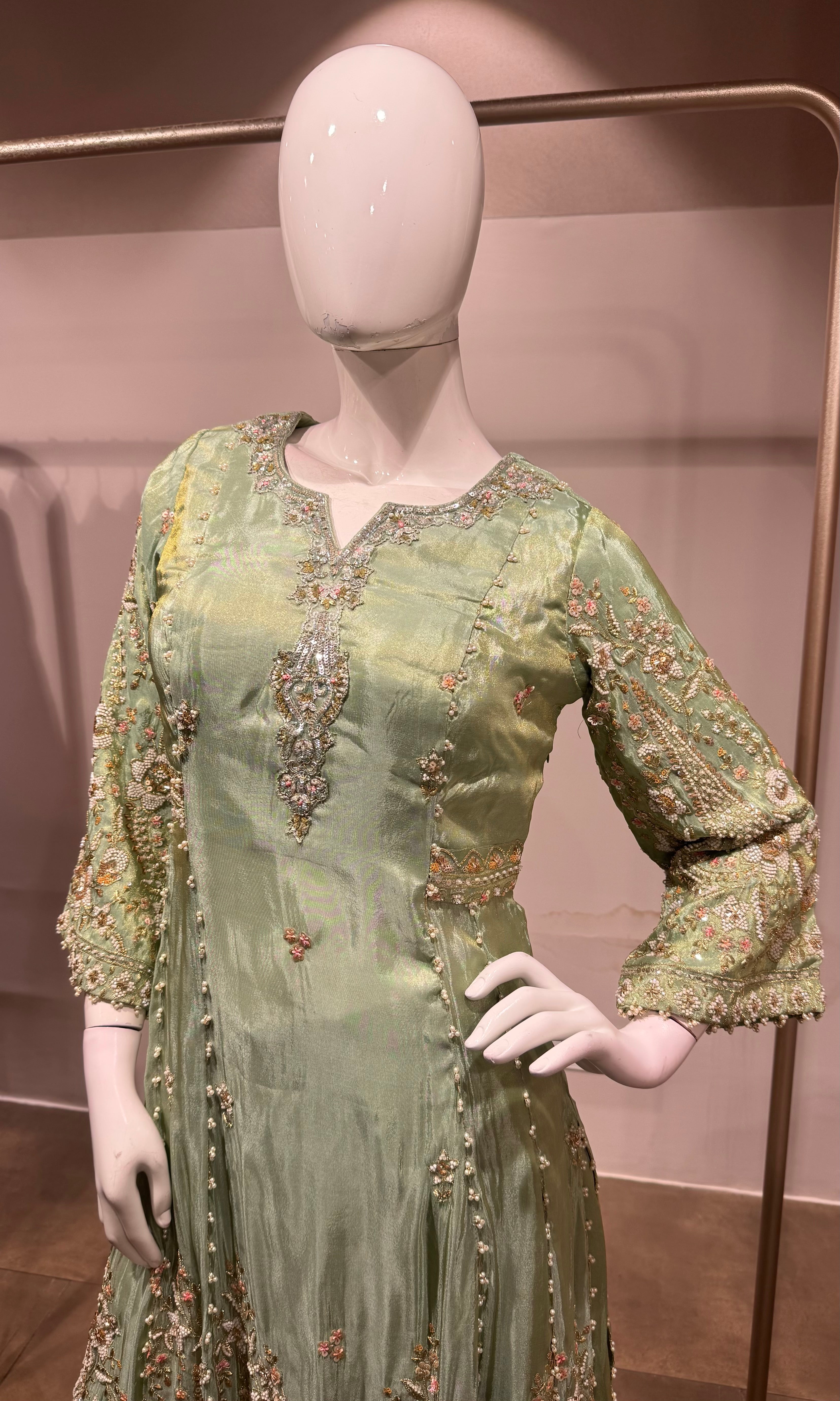 Pista green Embroidered Silk Nyra cut palazzo set