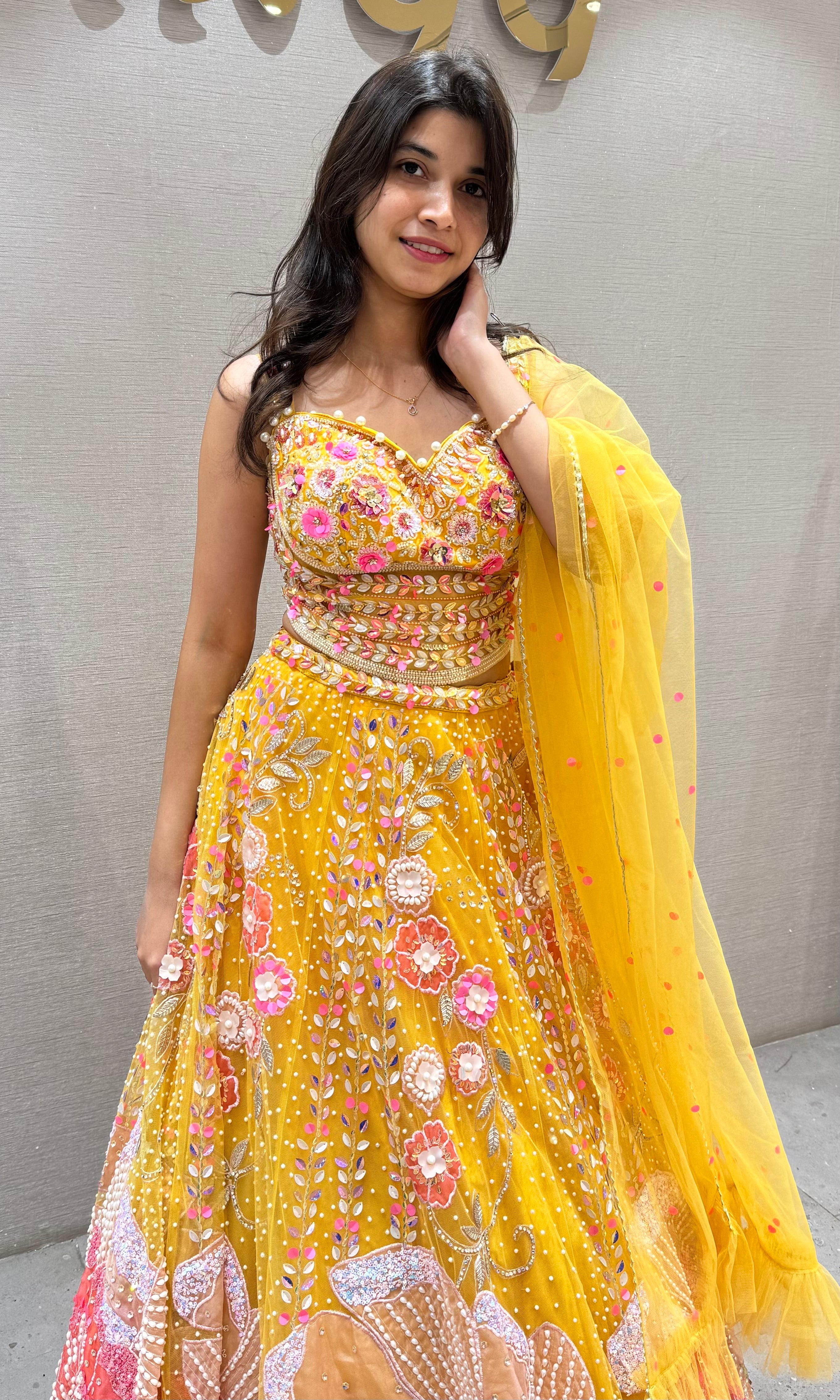 Lemon Yellow Organza Printed Lehenga set