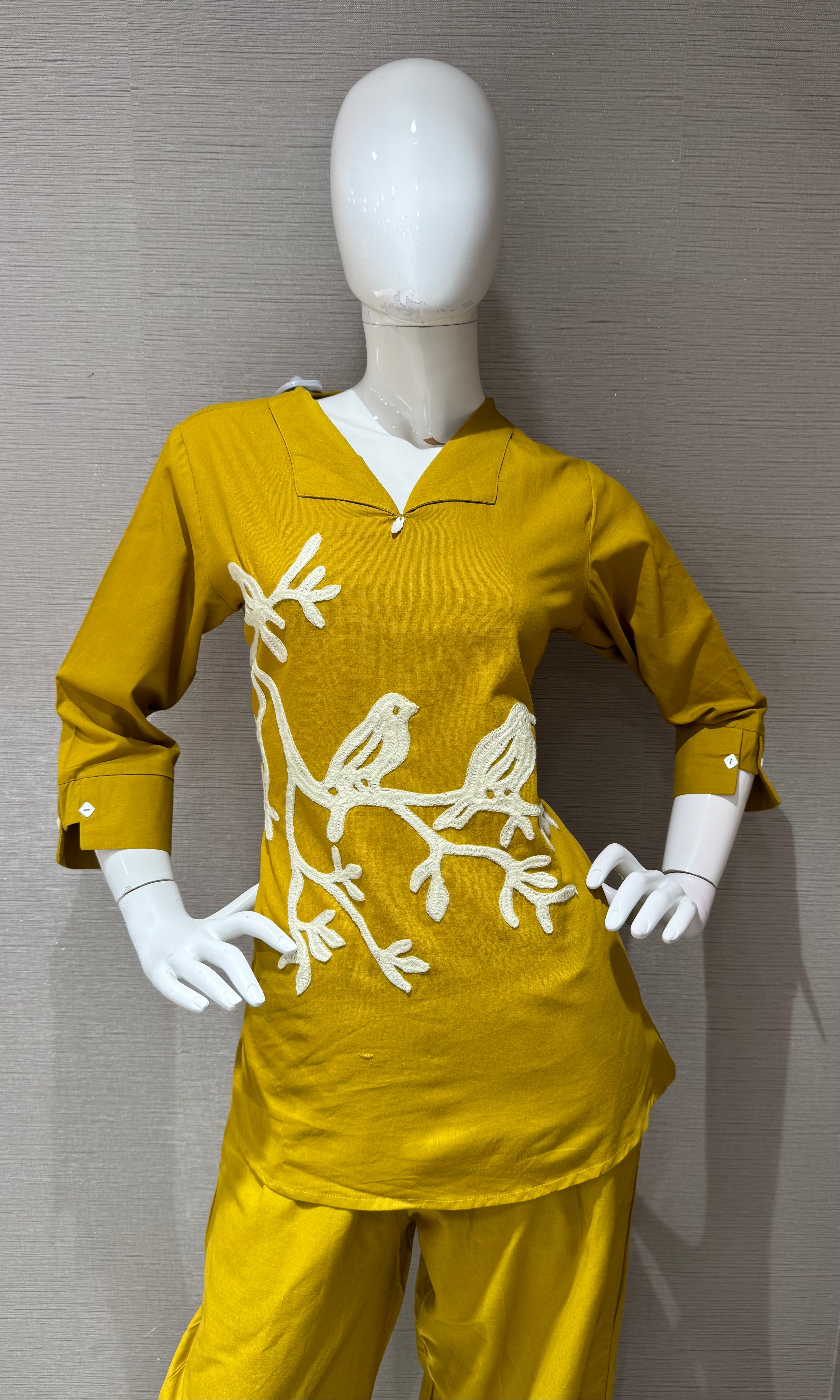 MUSTARD Yellow Bird Embroidered Cord Set