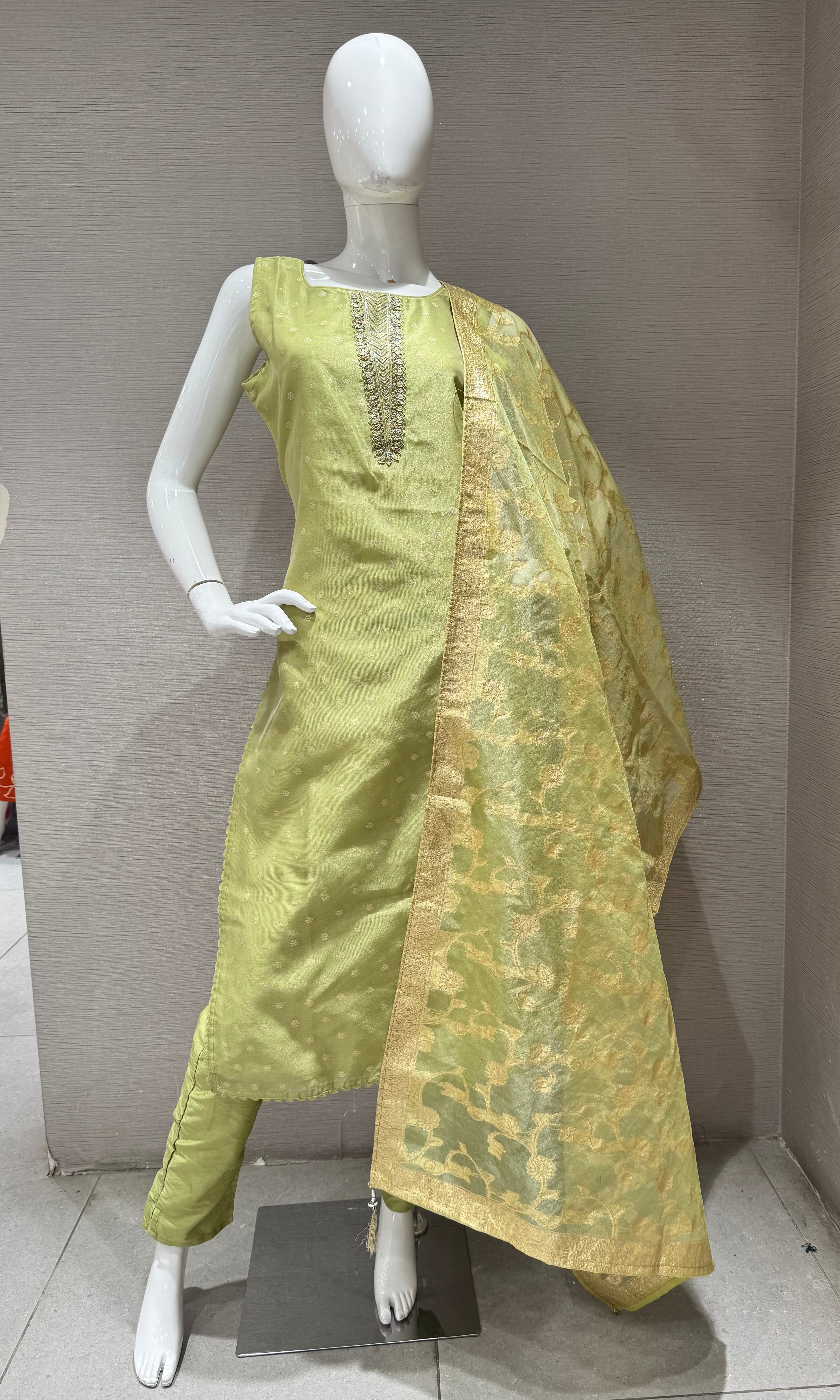 Pista Green Silk Kurta Set with Gold Brocade Dupatta