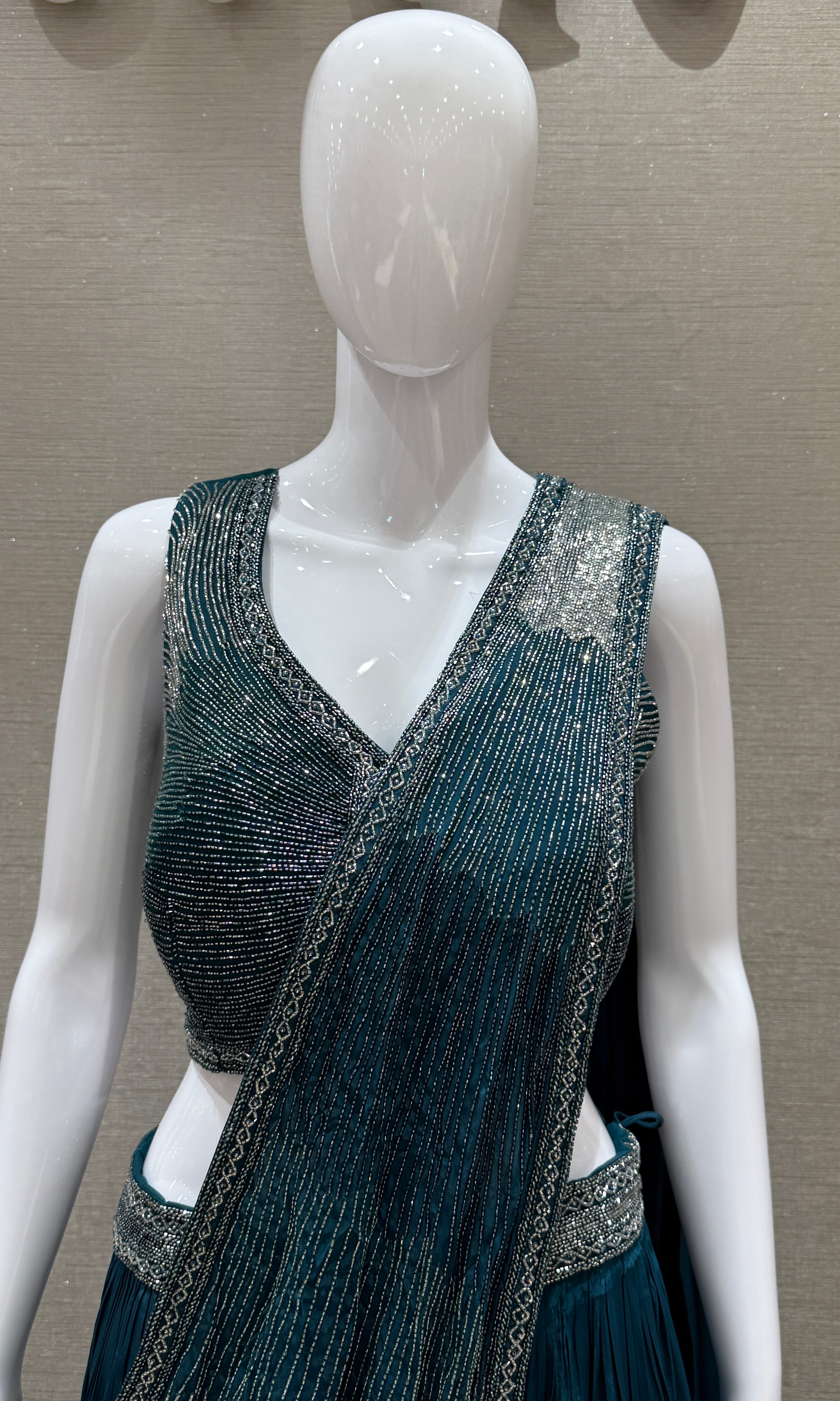 Peacock green Lehenga with attached drape dupatta
