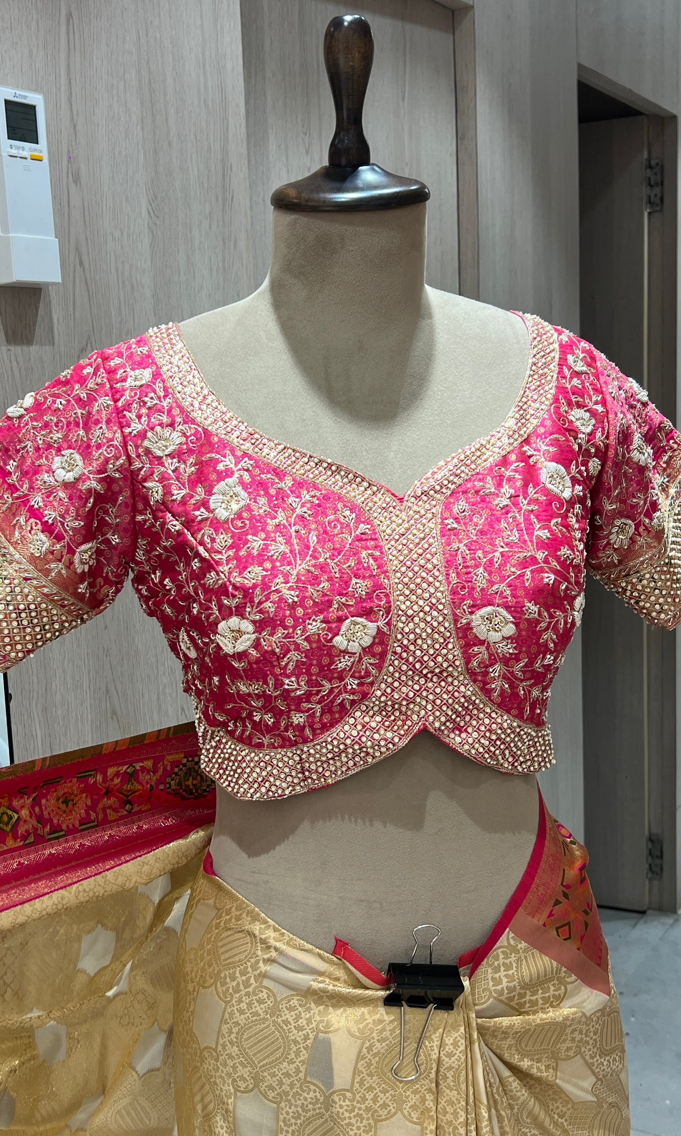 pink and gold kanjivaram saree with blouse