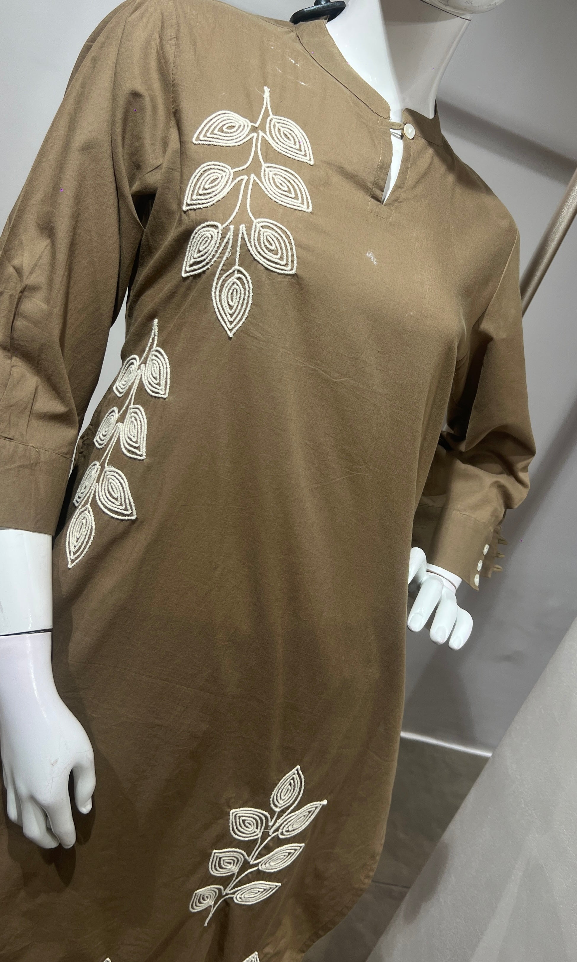 Beige Leaf Cotton Kurta Set with Tassel Dupatta