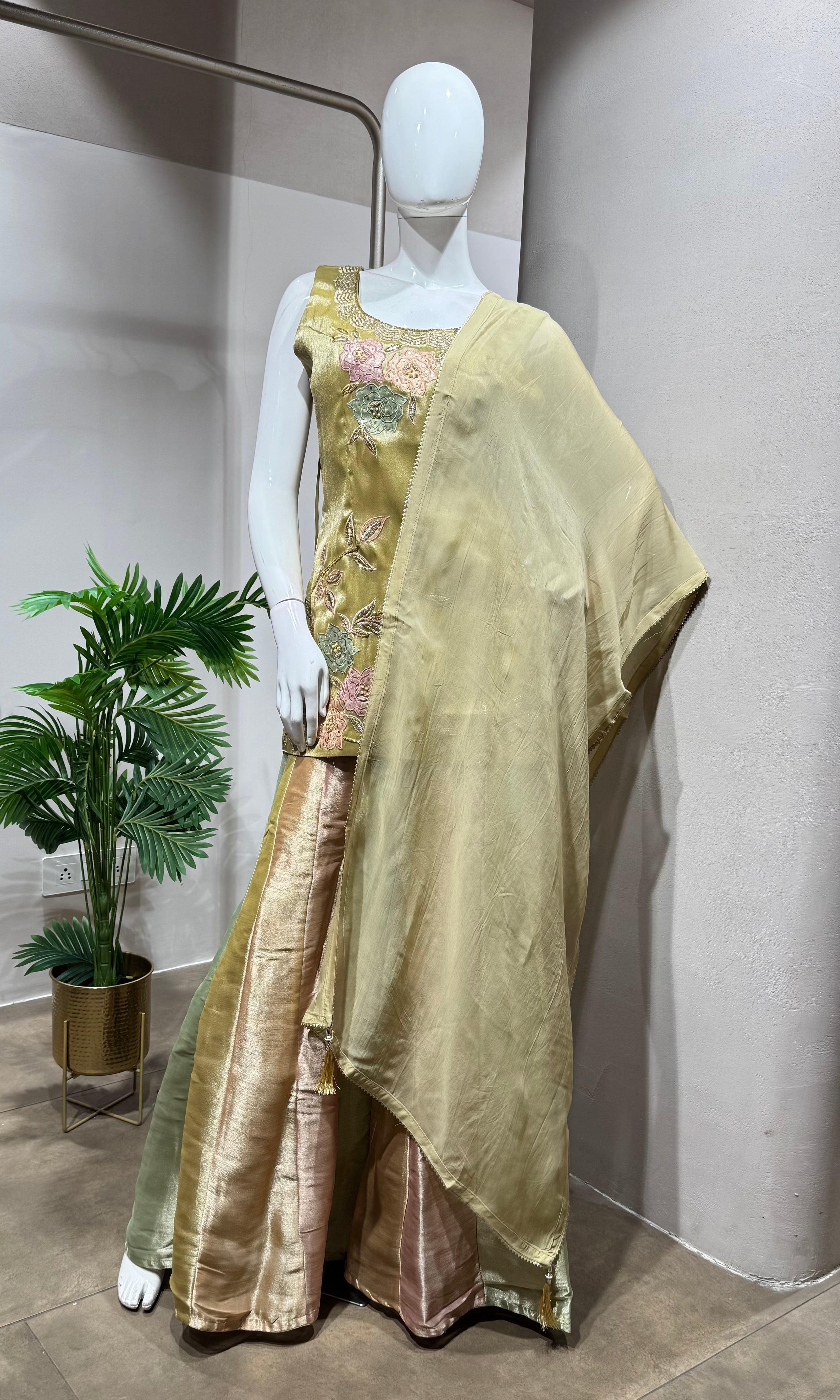 GOLD Tissue Silk Sharara with Floral Embroidery