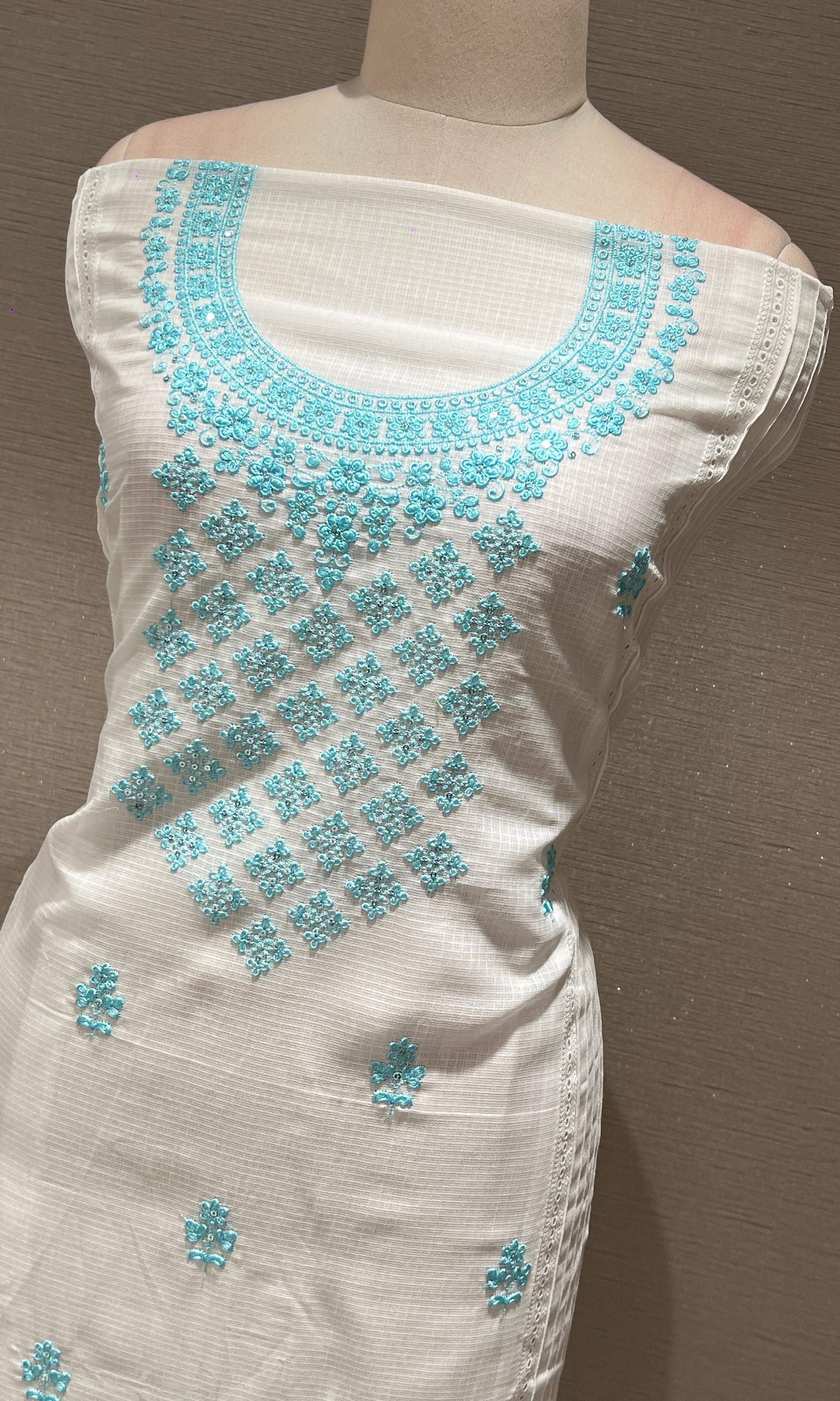 WHITE AND Blue FLORAL dress material