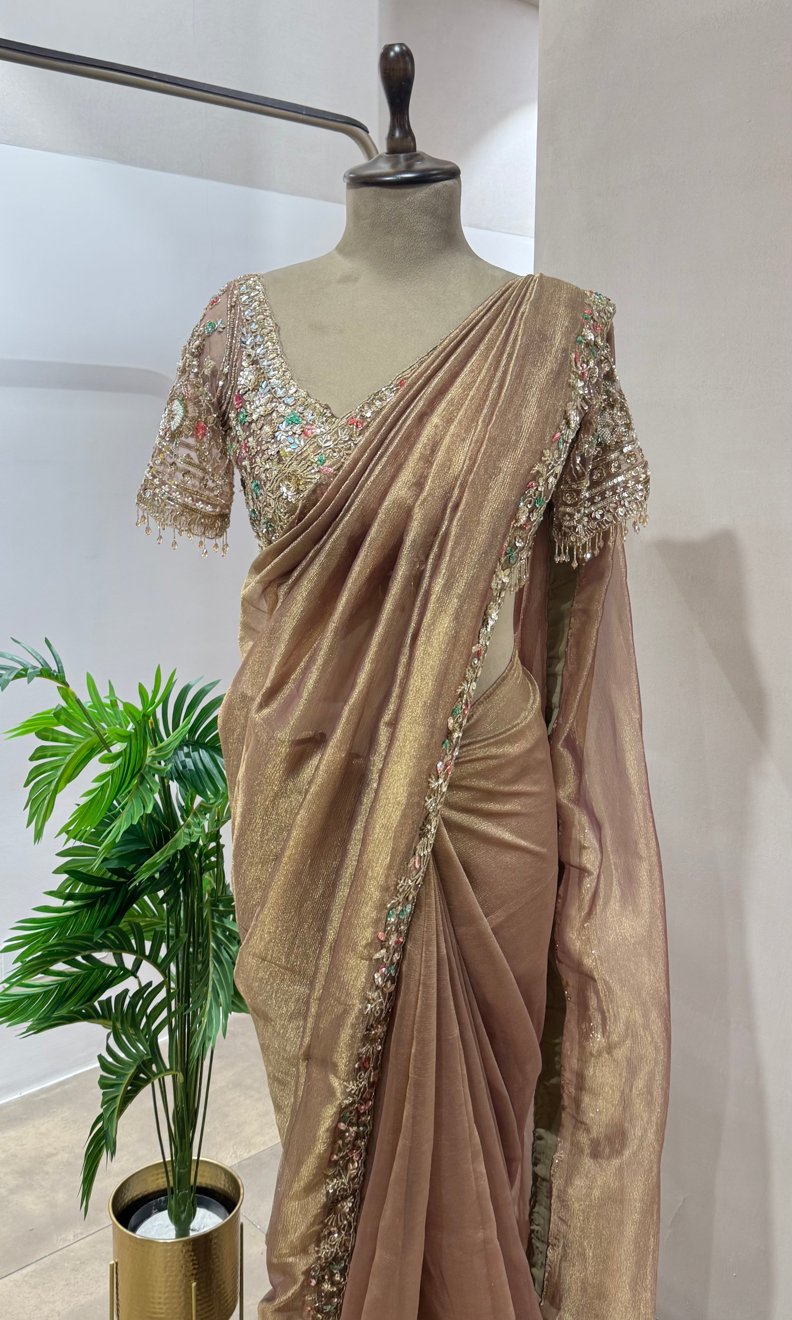 BLUSH PINK AND GOLD BANARASI TISSUE SAREE WITH BLOUSE