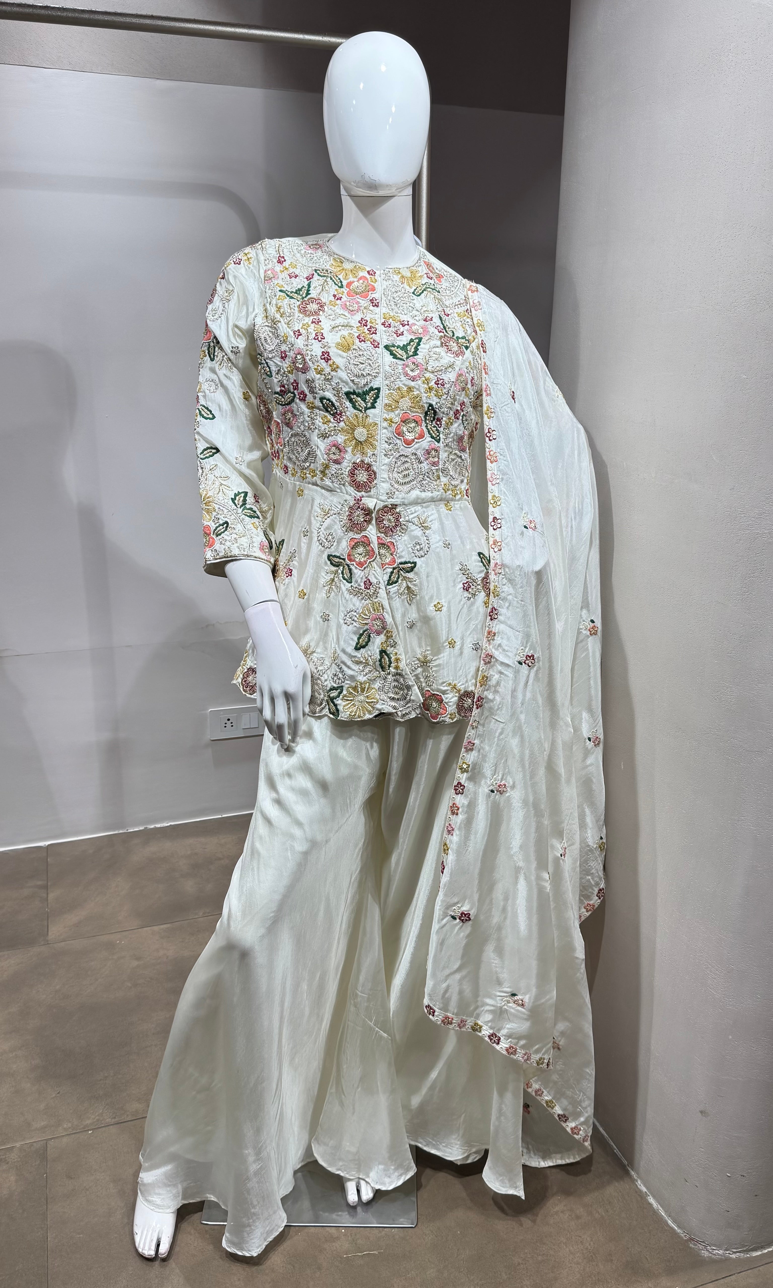 White Georgette Multi-Color Floral Embroidered Palazzo