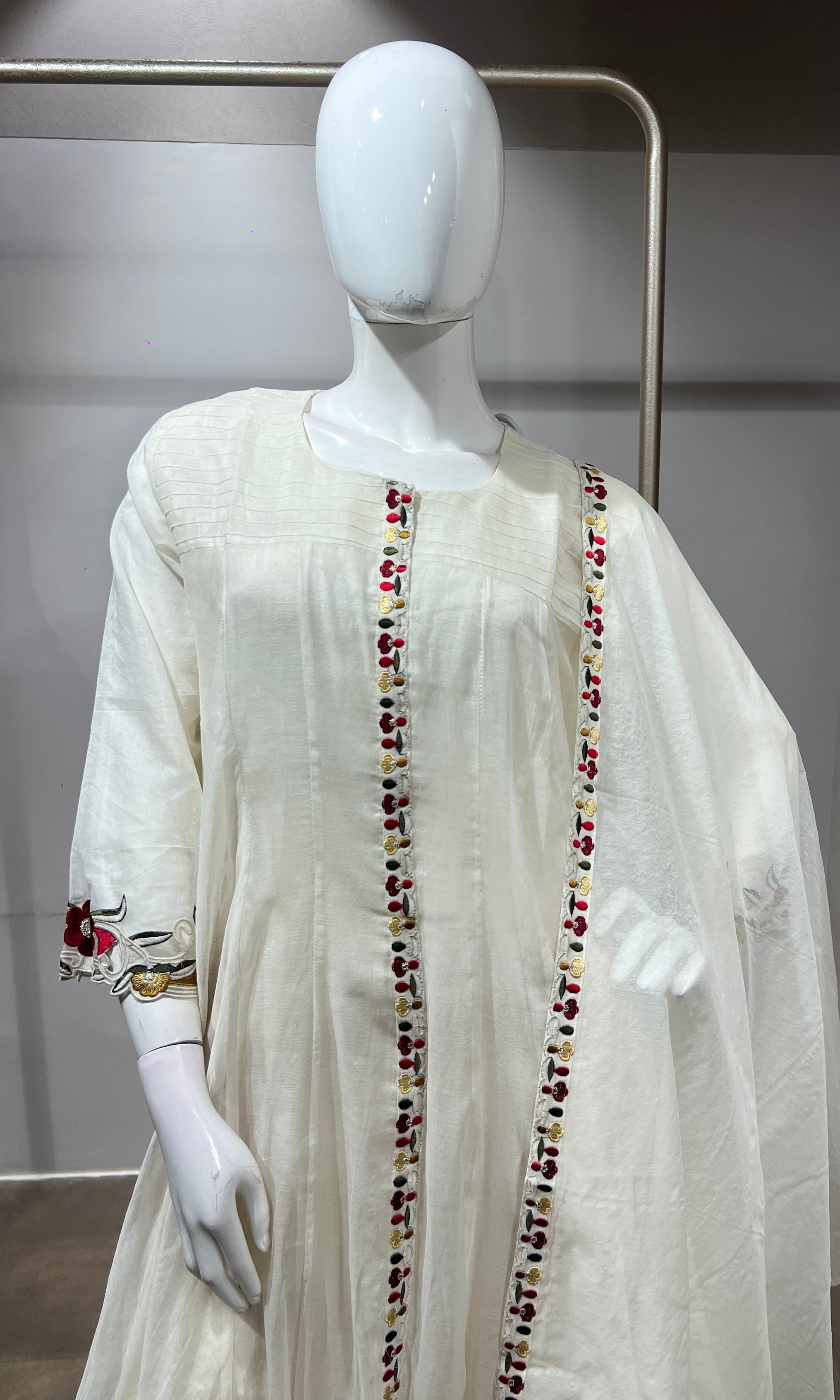 White Cotton Blend Flared Kurta set with Intricate Border