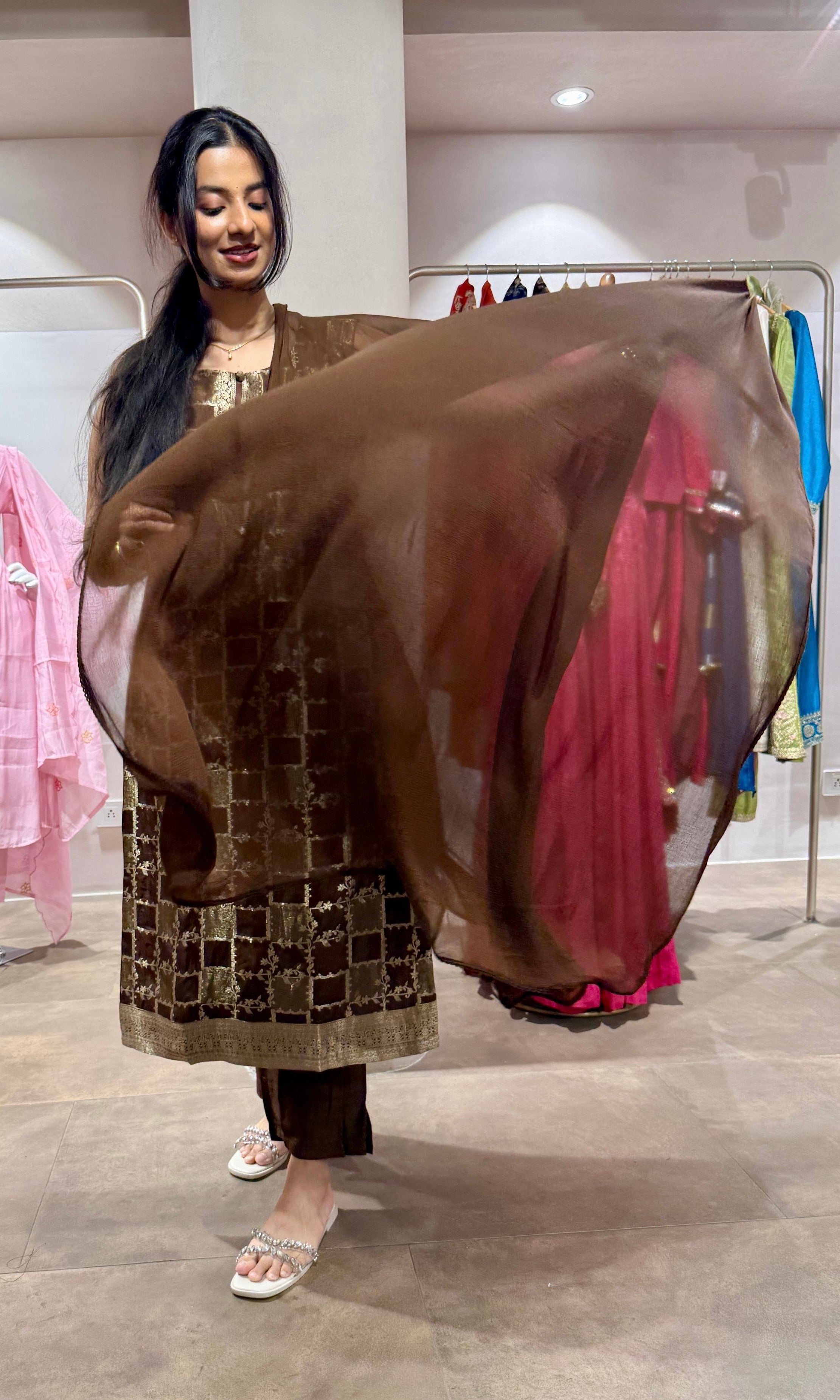 brown Silk Embroidered Zari Kurta Set