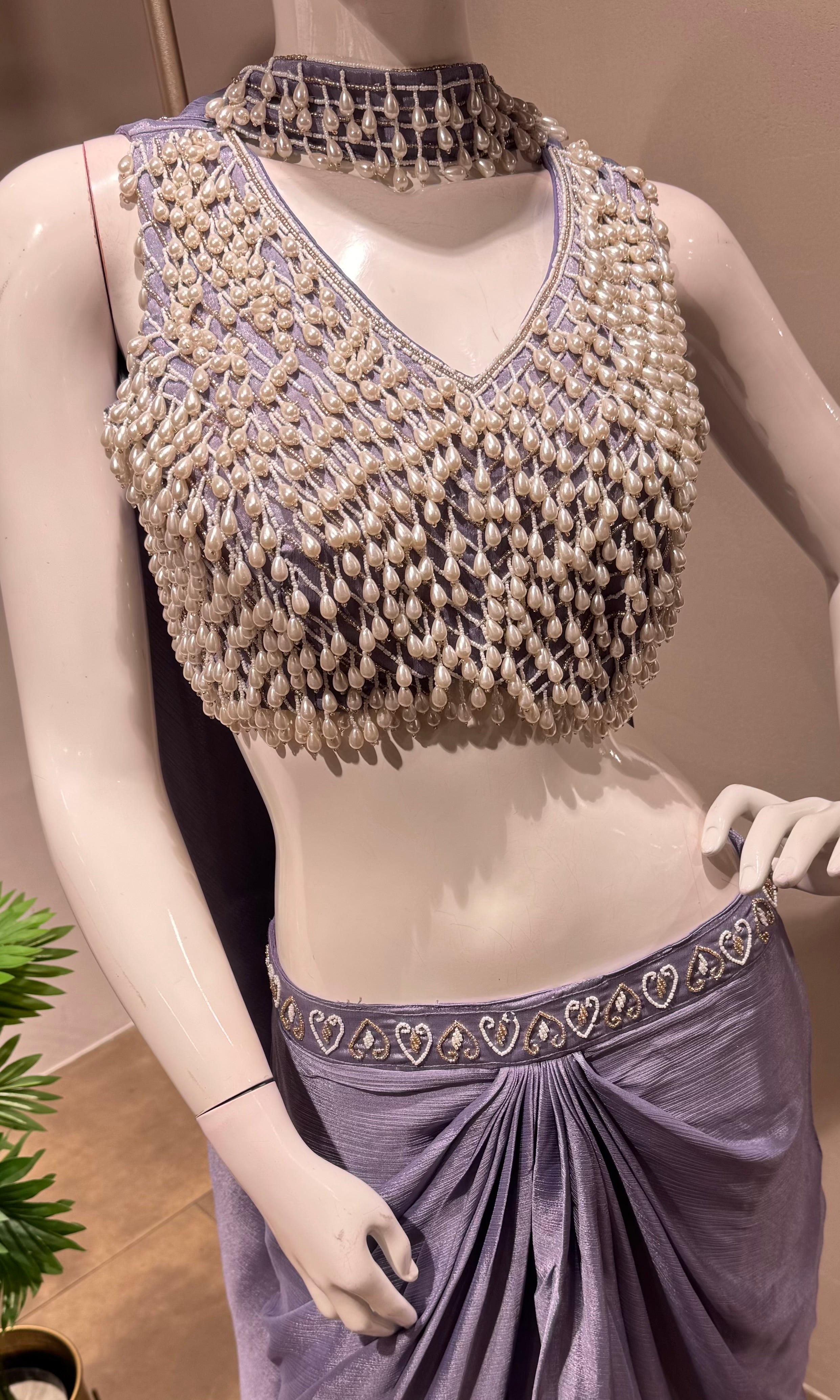 Lavender pearl blouse with drape skirt