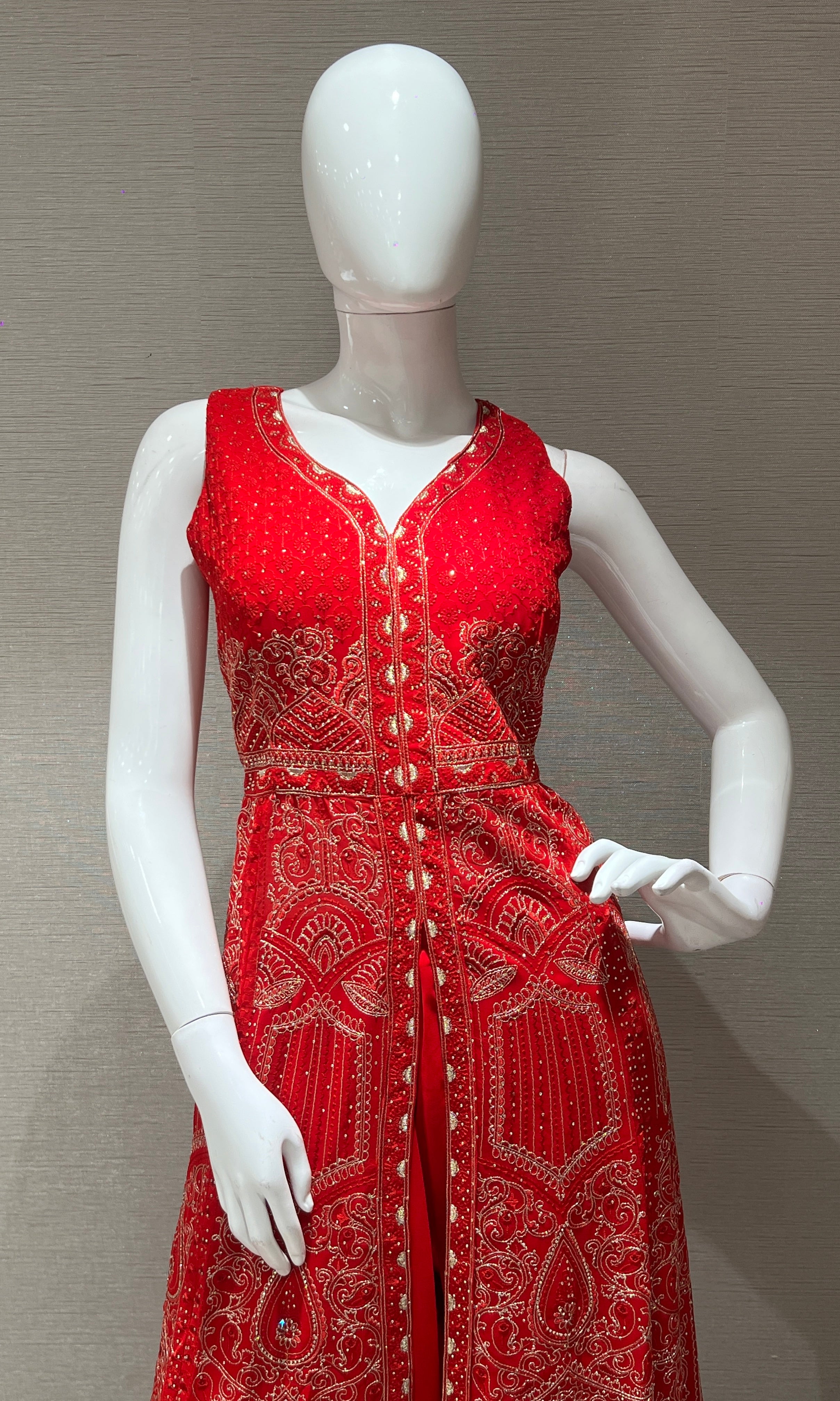 Red front slit Anarkali with palazzo pants
