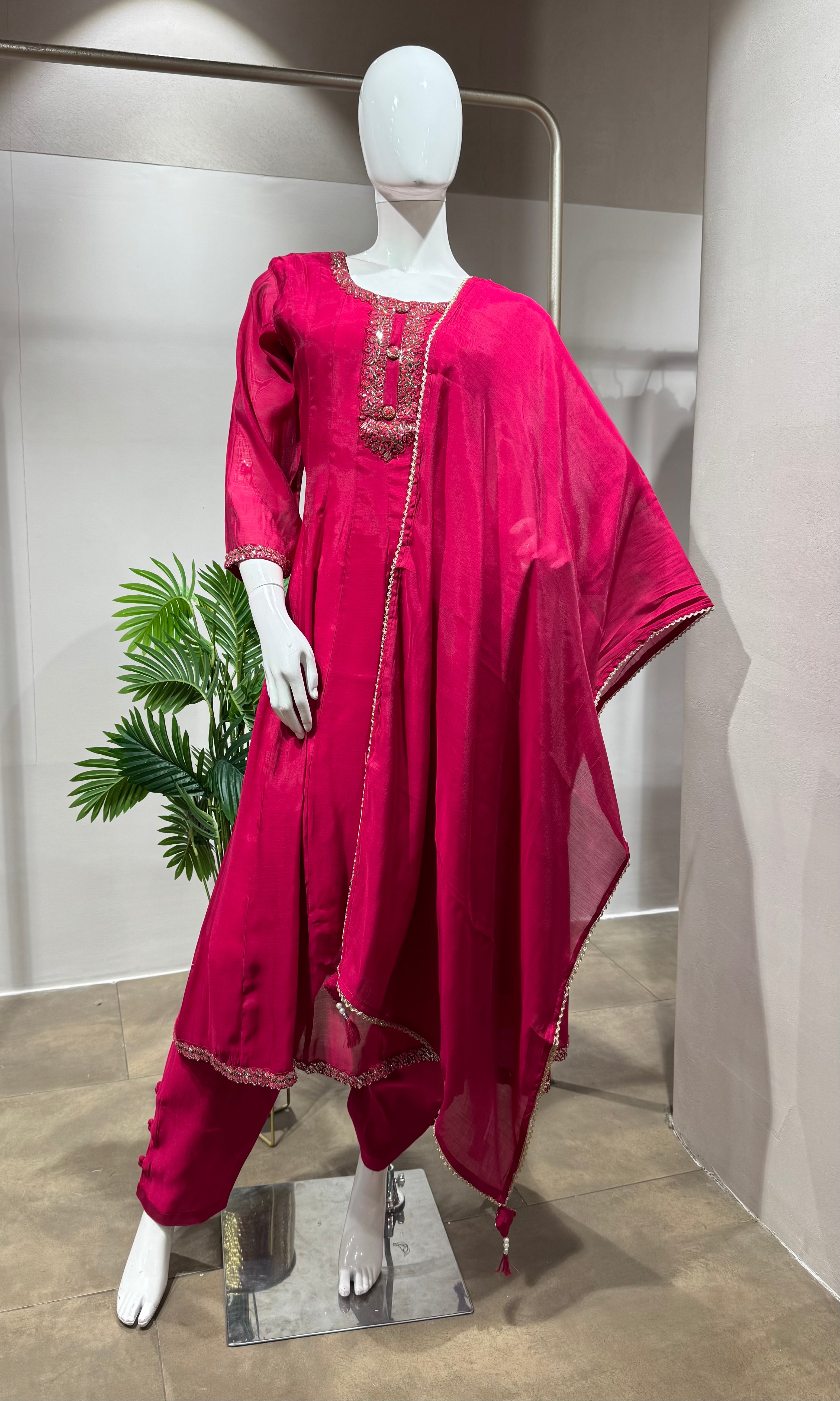 PINK Embroidered Silk Kurta with Matching Dupatta