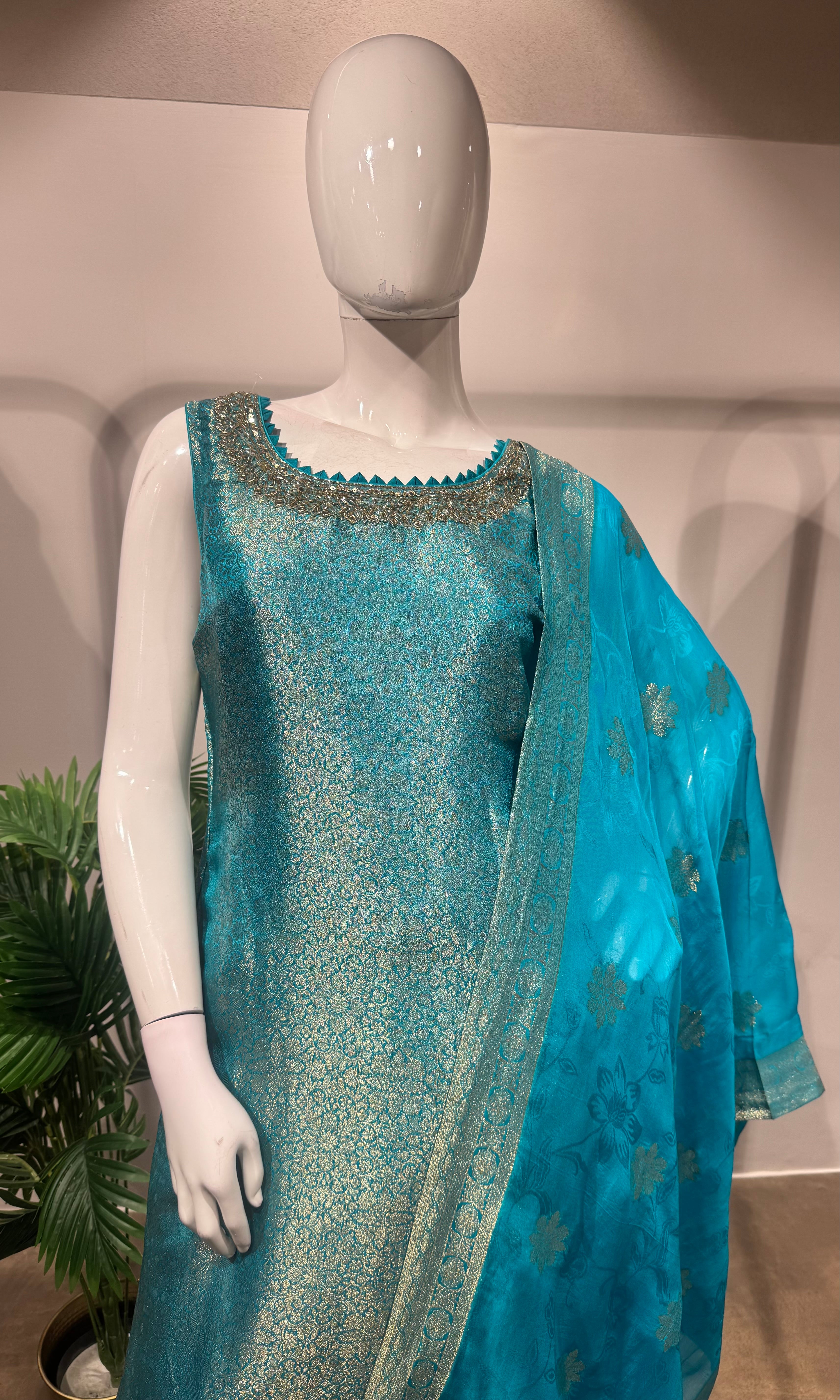 RAMA BLUE GOLDEN BANARASI KURTA SET