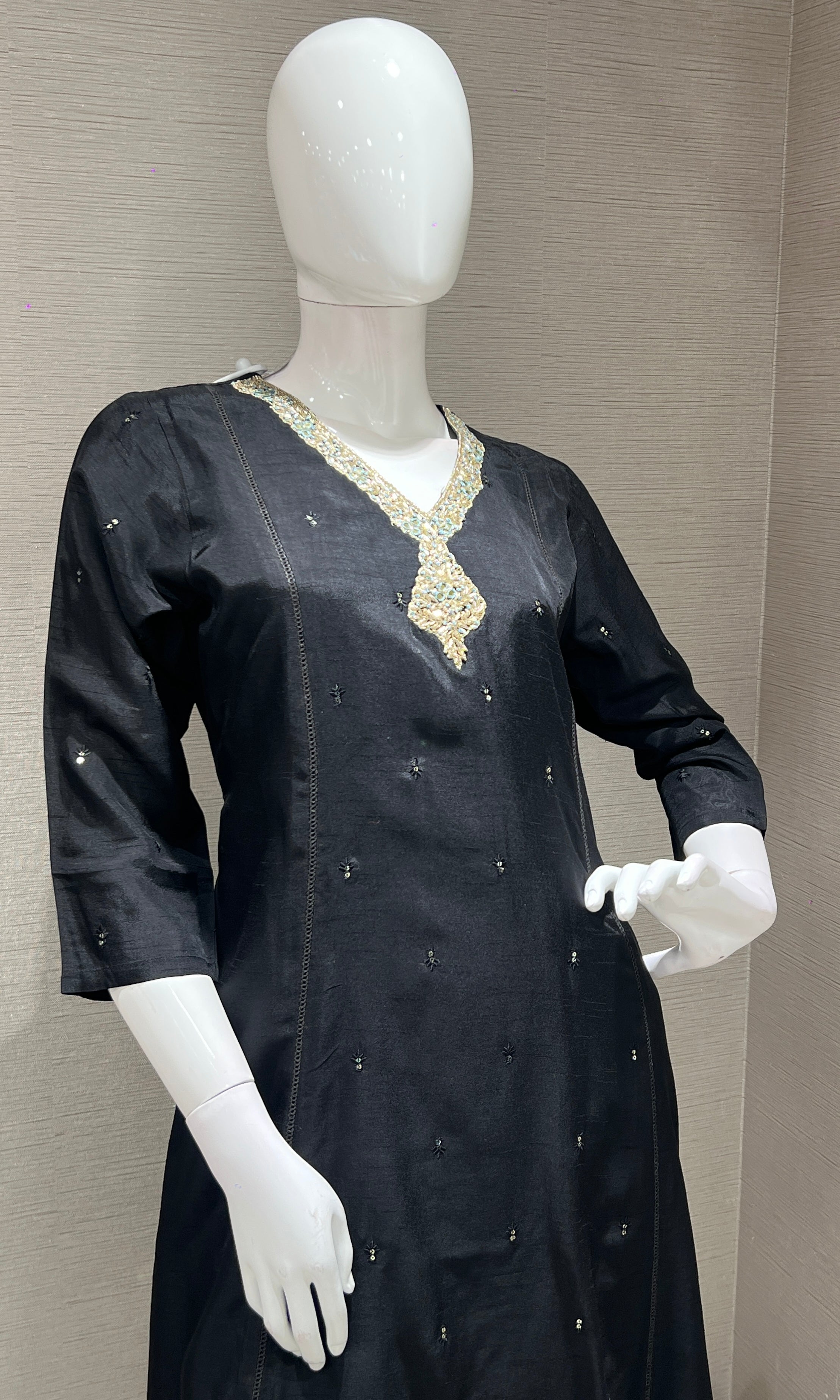 black kurta set with floral printed dupatta